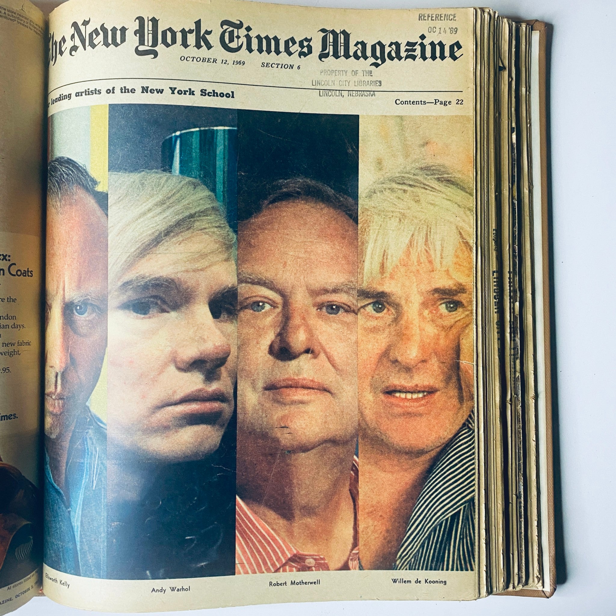 The New York Times Bound Magazine 1969 September - October showcasing a collage of leading artists from the New York School, including Andy Warhol and Robert Motherwell, from the issue dated October 12, 1969.