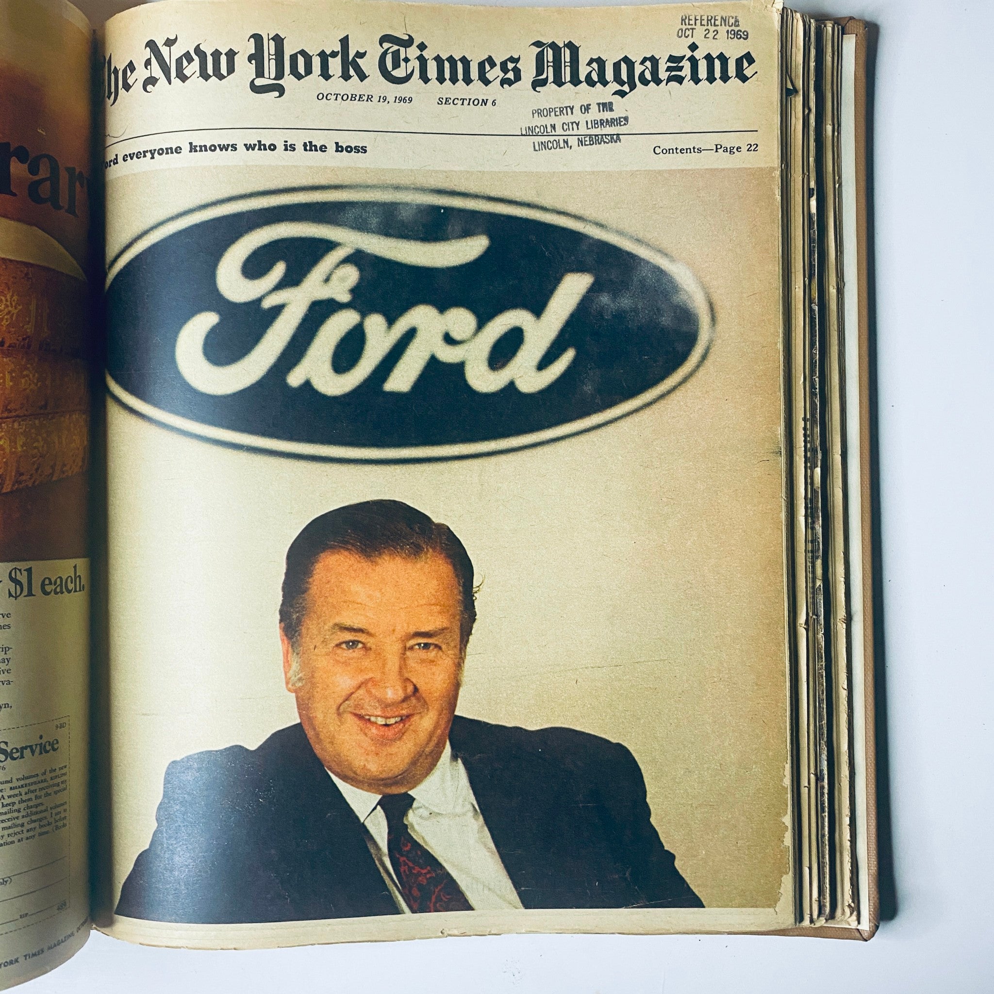 The New York Times Bound Magazine 1969 September - October highlighting a man smiling under the Ford logo, illustrating the business landscape, from the issue dated October 19, 1969.