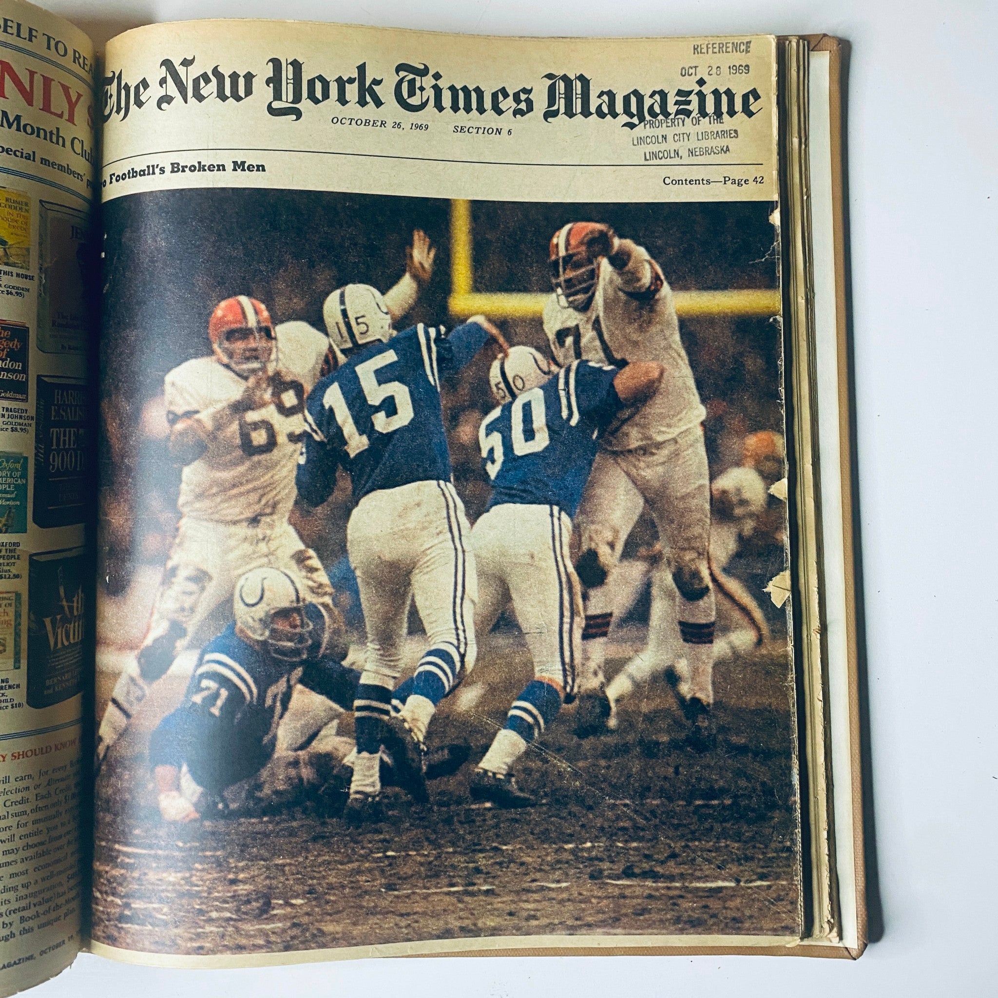 The New York Times Bound Magazine 1969 September - October capturing a dynamic moment in a football game, showcasing athletes during play, from the issue dated October 26, 1969.