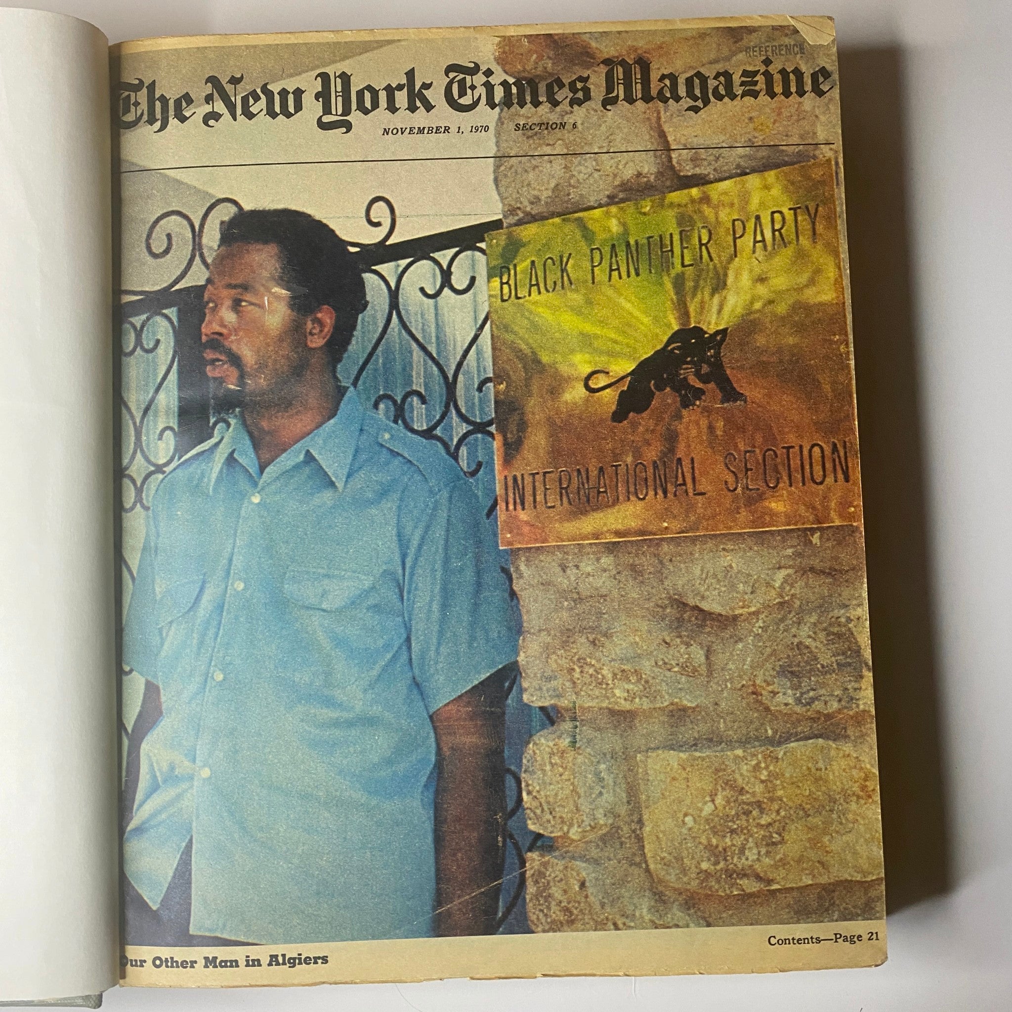 Inside page of The New York Times Library Edition Bound Magazine, dated November 1, 1970, displaying a photograph of a man alongside a Black Panther Party sign.