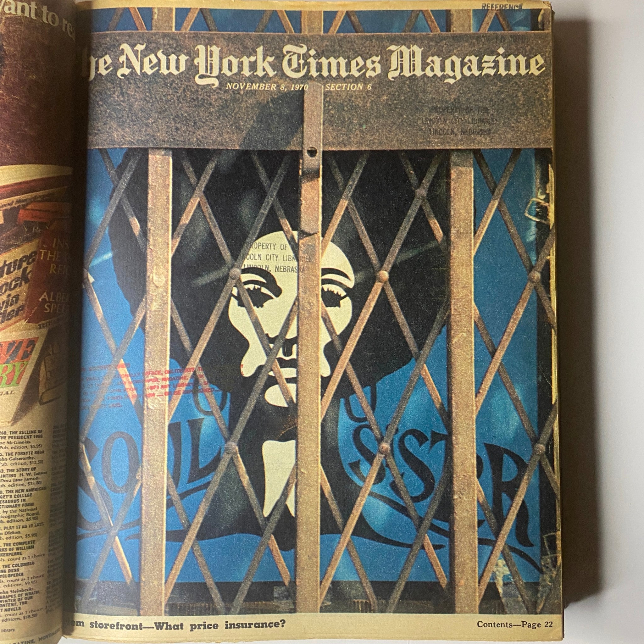 Inside page of The New York Times Library Edition Bound Magazine, dated November 8, 1970, featuring a graphic design with a woman's face behind bars.