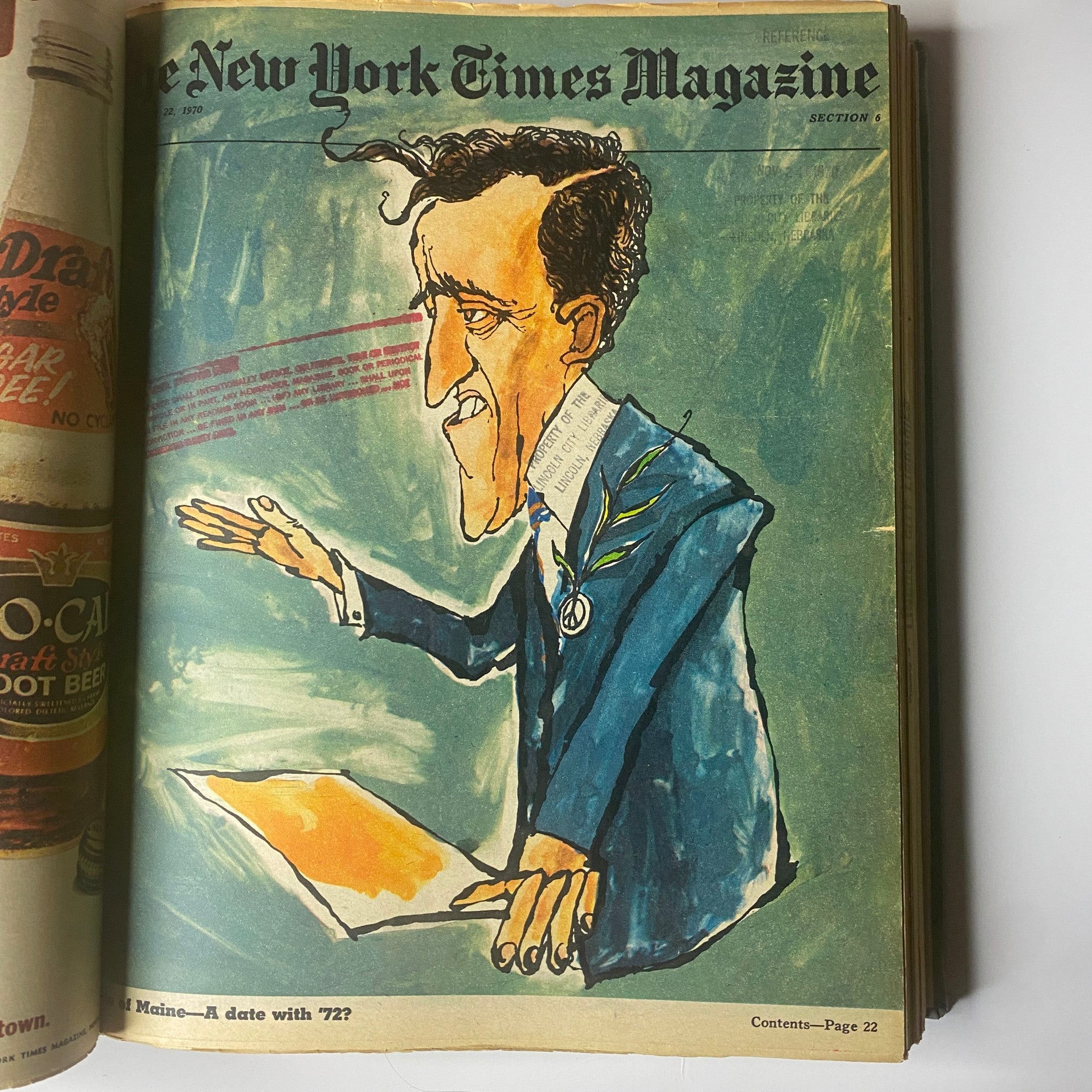 Inside page of The New York Times Library Edition Bound Magazine, dated December 6, 1970, art featuring a caricature of a man speaking with a gesture.