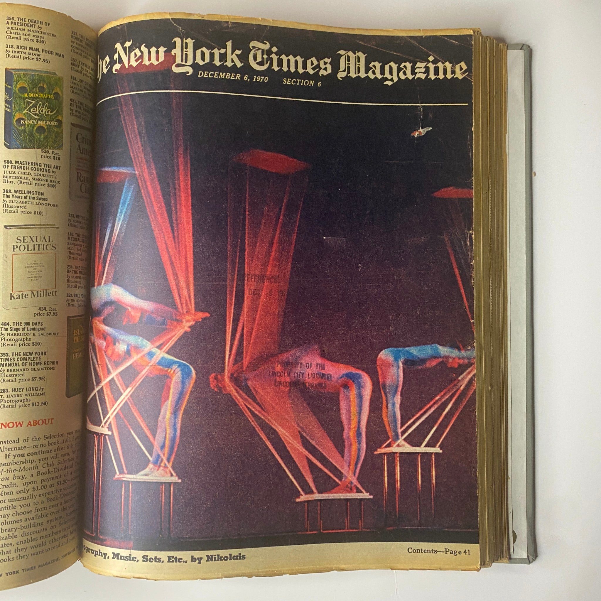 Cover of The New York Times Library Edition Bound Magazine from December 6, 1970, showcasing a vibrant photograph of performers with colored lights.