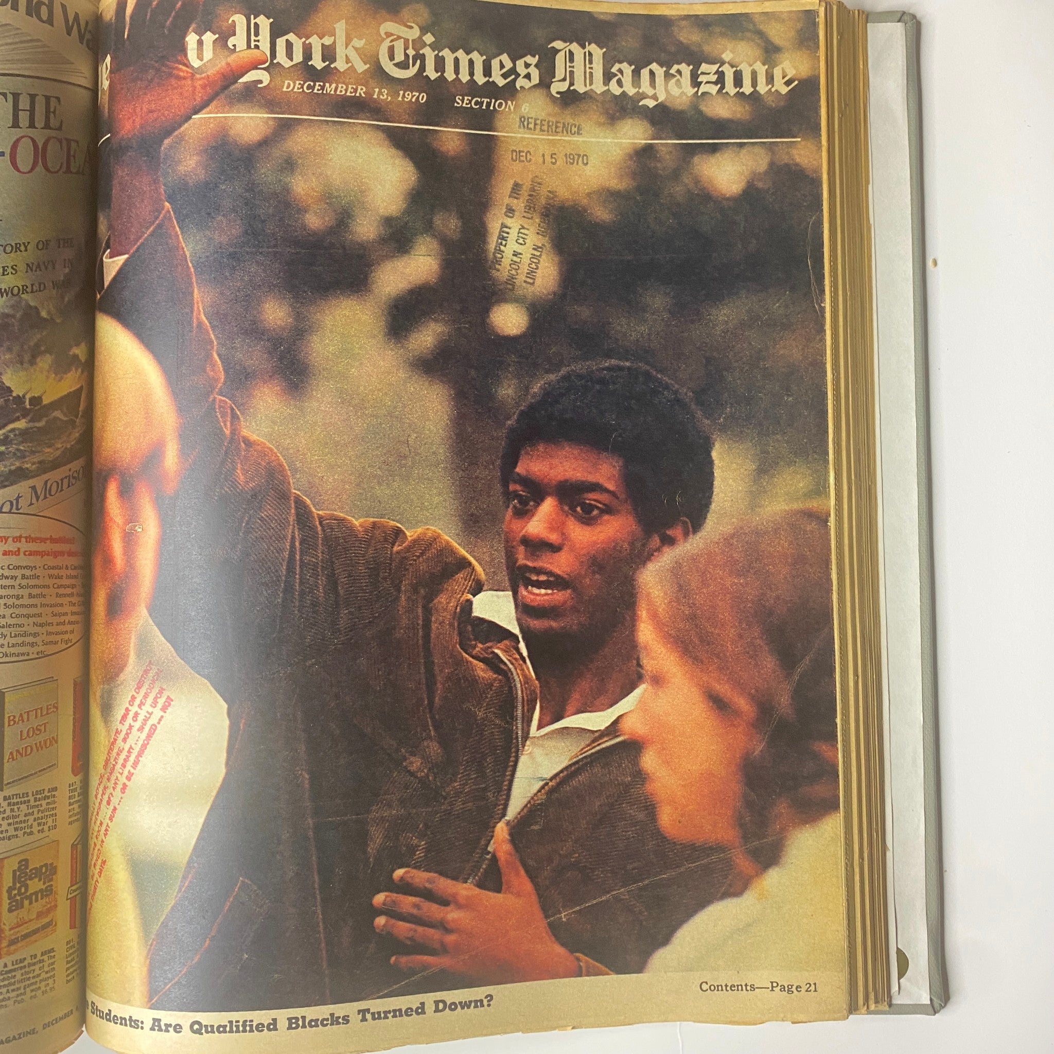 Cover of The New York Times Library Edition Bound Magazine from December 13, 1970, depicting a young man speaking passionately with an expressive audience in the background.