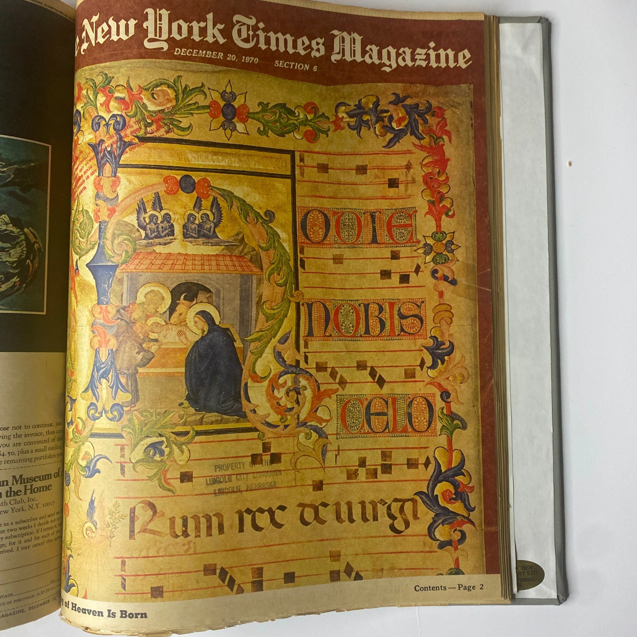Cover of The New York Times Library Edition Bound Magazine from December 20, 1970, illustrating a beautifully illustrated nativity scene with intricate designs.
