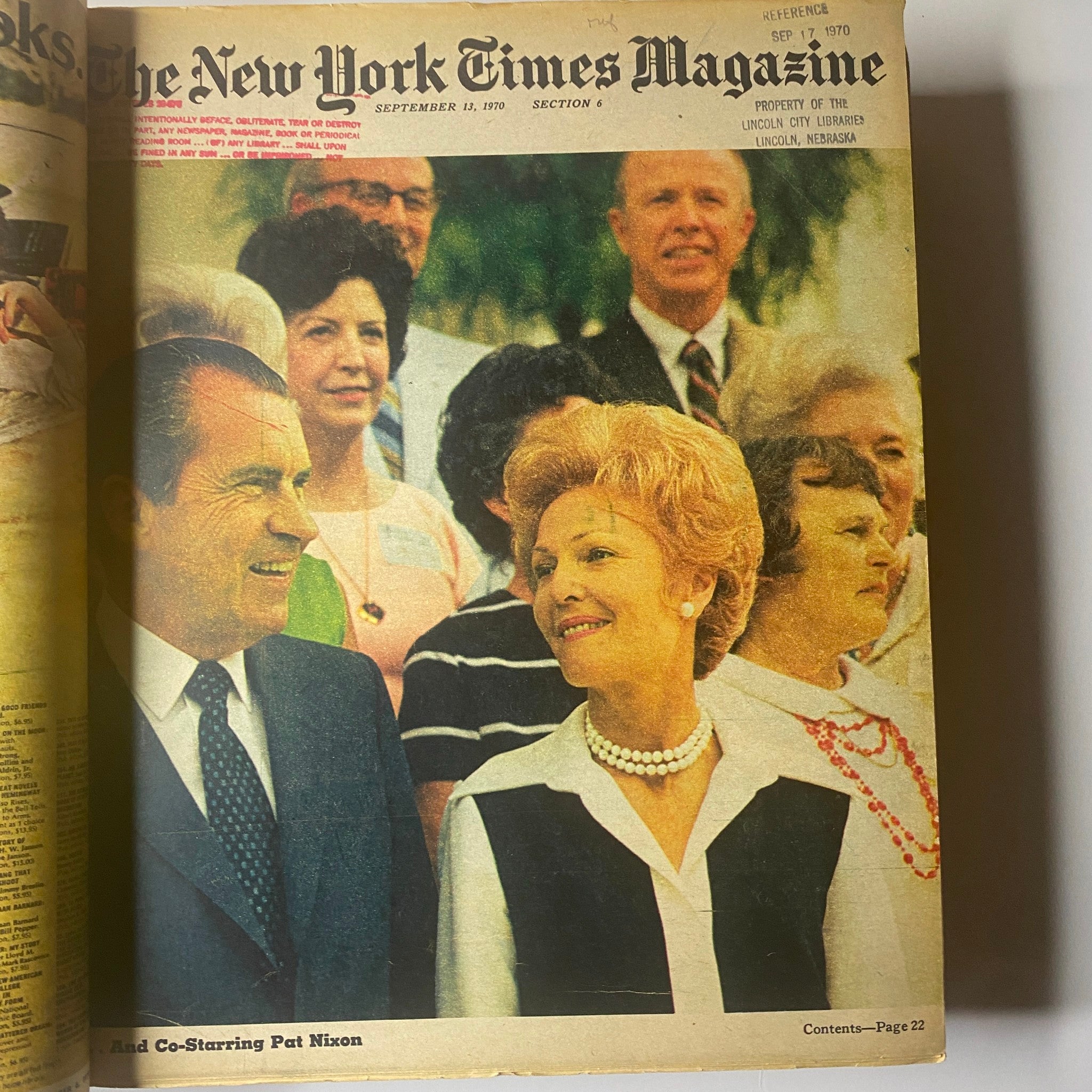 Cover of The New York Times Library Edition Bound Magazine, September 13, 1970, featuring a photograph of former President Richard Nixon and Pat Nixon at a public event.