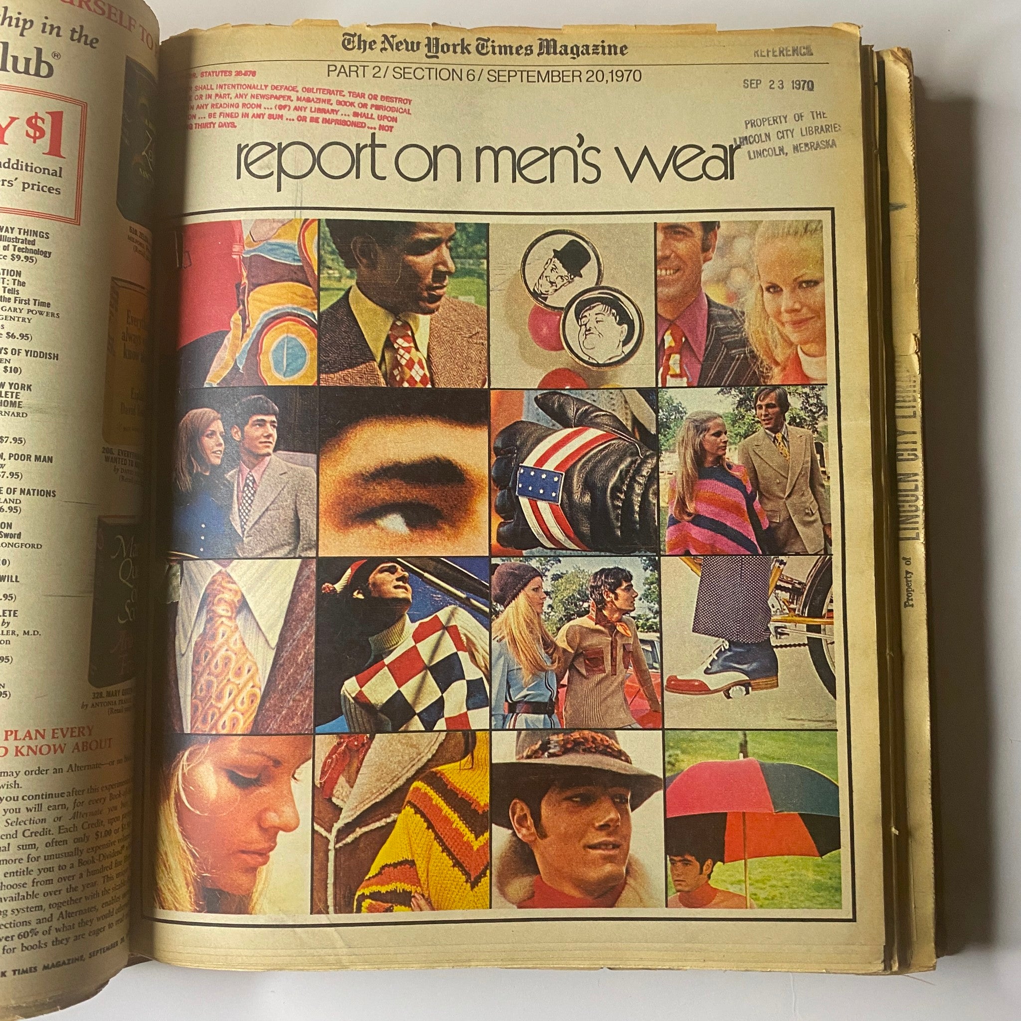 Cover of The New York Times Library Edition Bound Magazine, September 20, 1970, featuring a collage of fashion images showcasing men's wear.