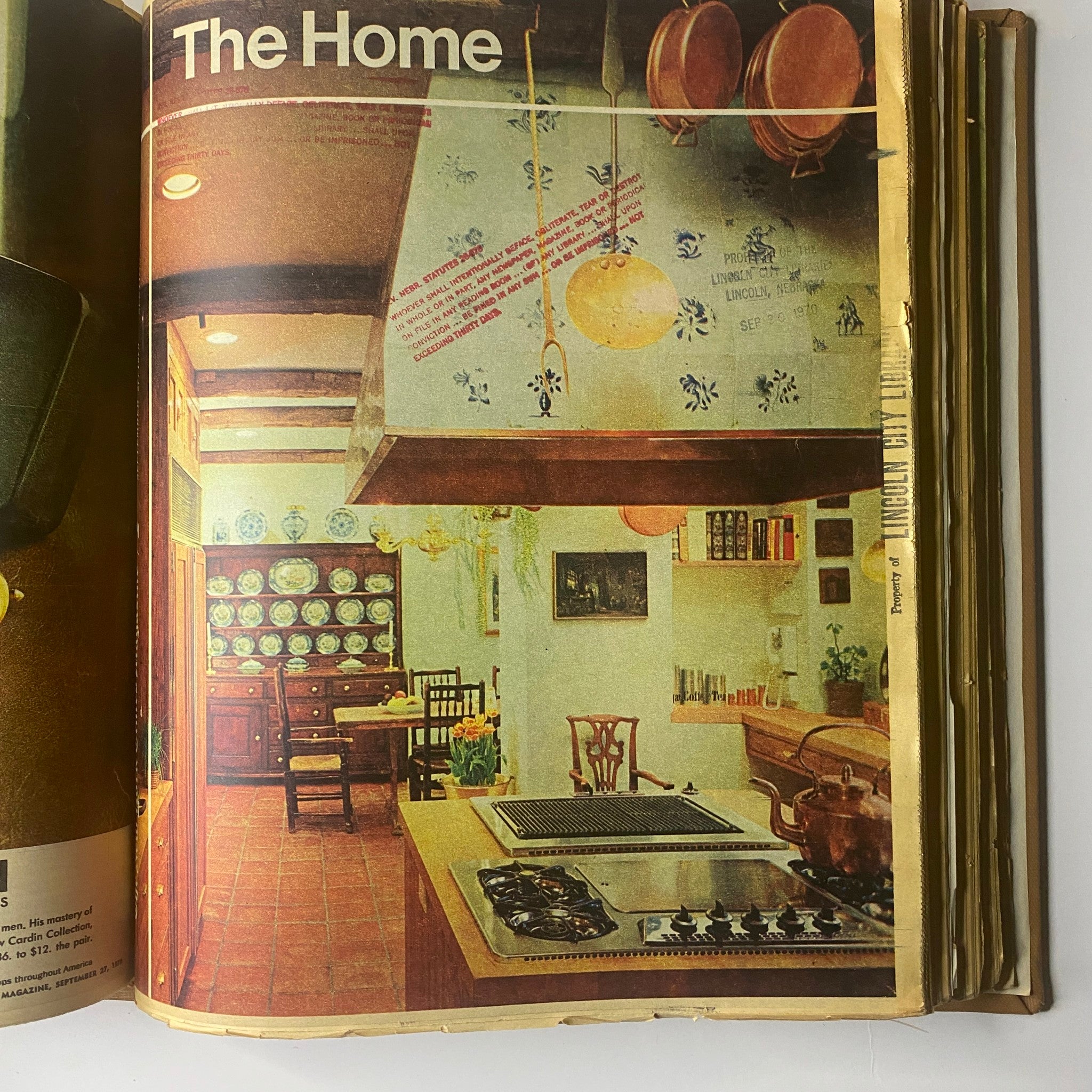 The New York Times Library Edition Bound Magazine 1970 September - October, showcasing the page discussing The Home section, featuring a well-decorated kitchen that embodies interior design trends from the era.