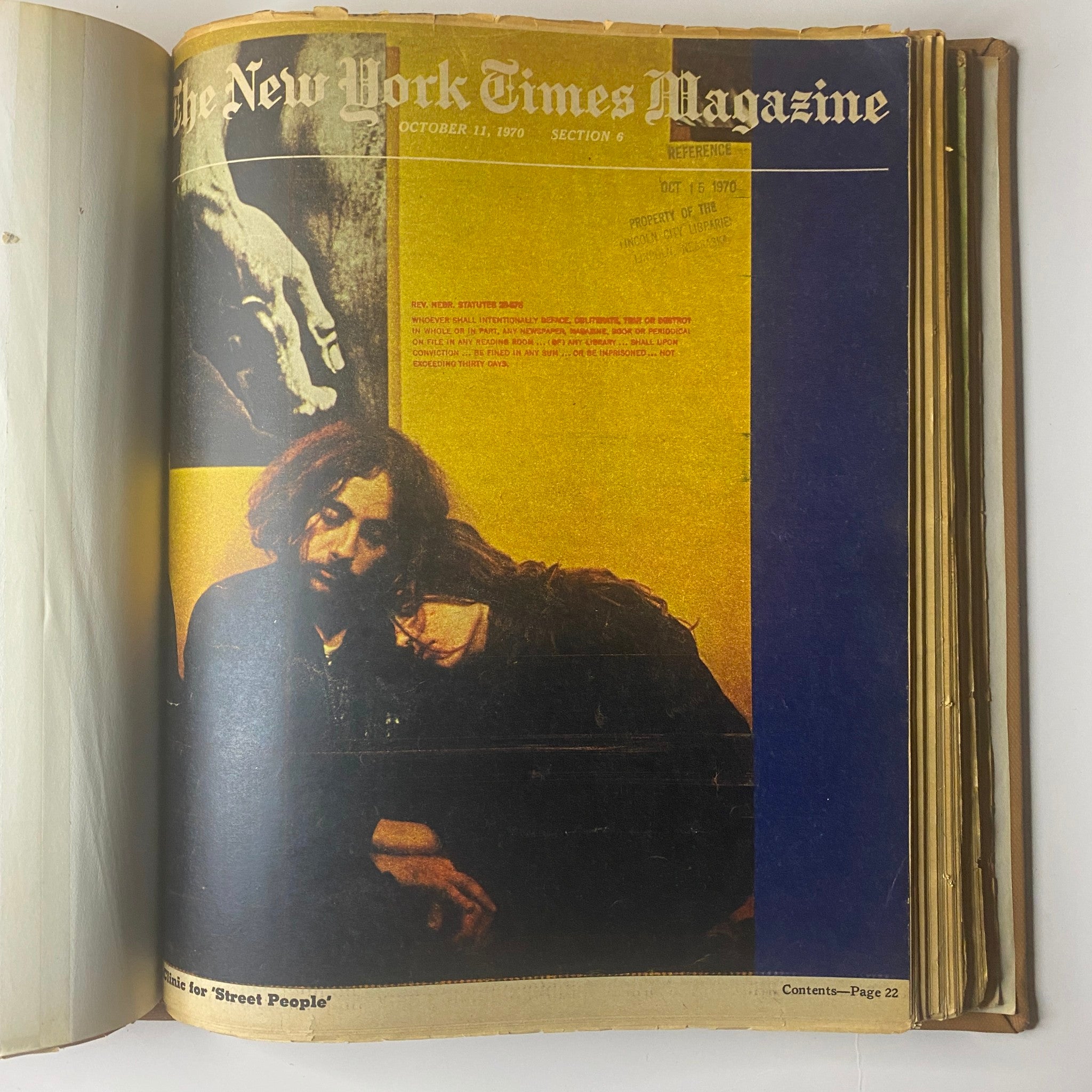 The New York Times Library Edition Bound Magazine 1970 September - October, highlighting a page from the October 11, 1970 edition, displaying a striking artistic layout featuring individuals in an emotional scene, capturing the spirit of the time.