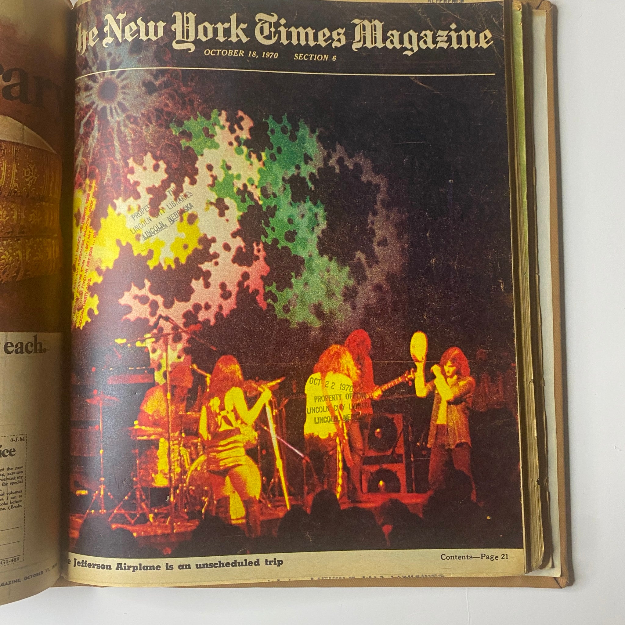 The New York Times Library Edition Bound Magazine 1970 September - October, illustrating a page from the October 18, 1970 issue, showing a vibrant concert scene with the band Jefferson Airplane performing, depicting the musical culture of the era.