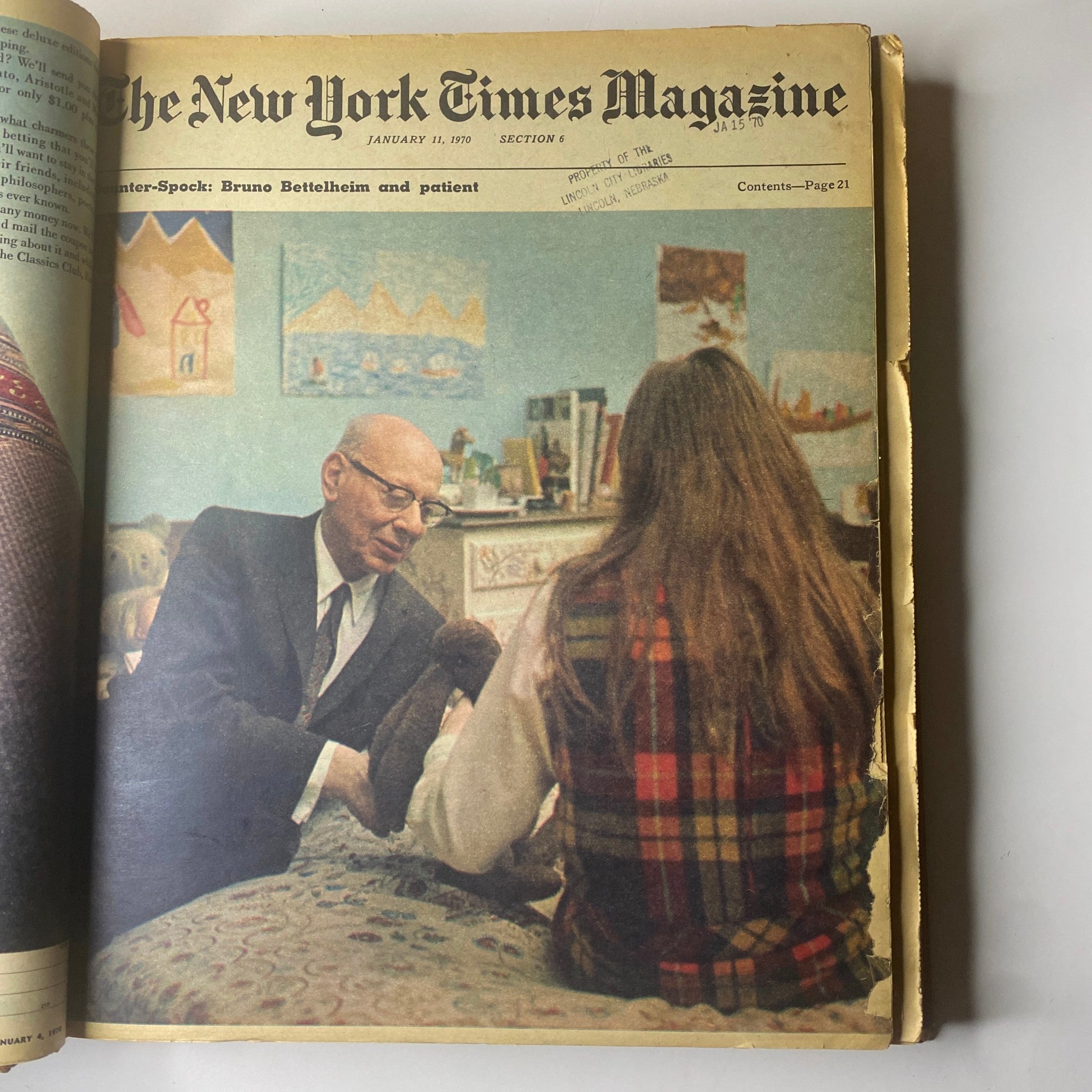 Front cover of The New York Times Magazine dated January 11, 1970, featuring an interview with Bruno Bettelheim and a patient, with illustrative content.