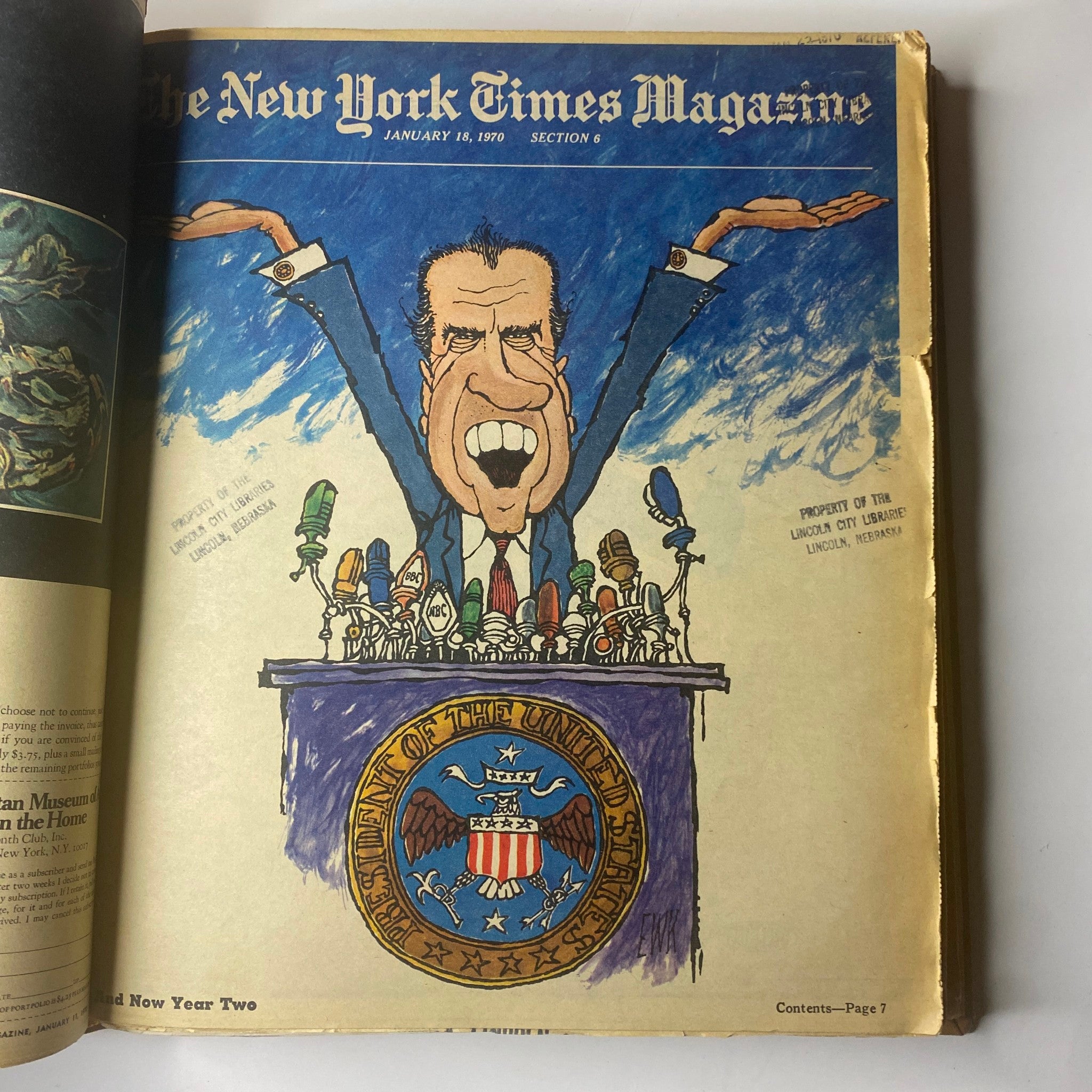 Front cover of The New York Times Magazine dated January 18, 1970, depicting a political cartoon of President Nixon speaking at a podium.