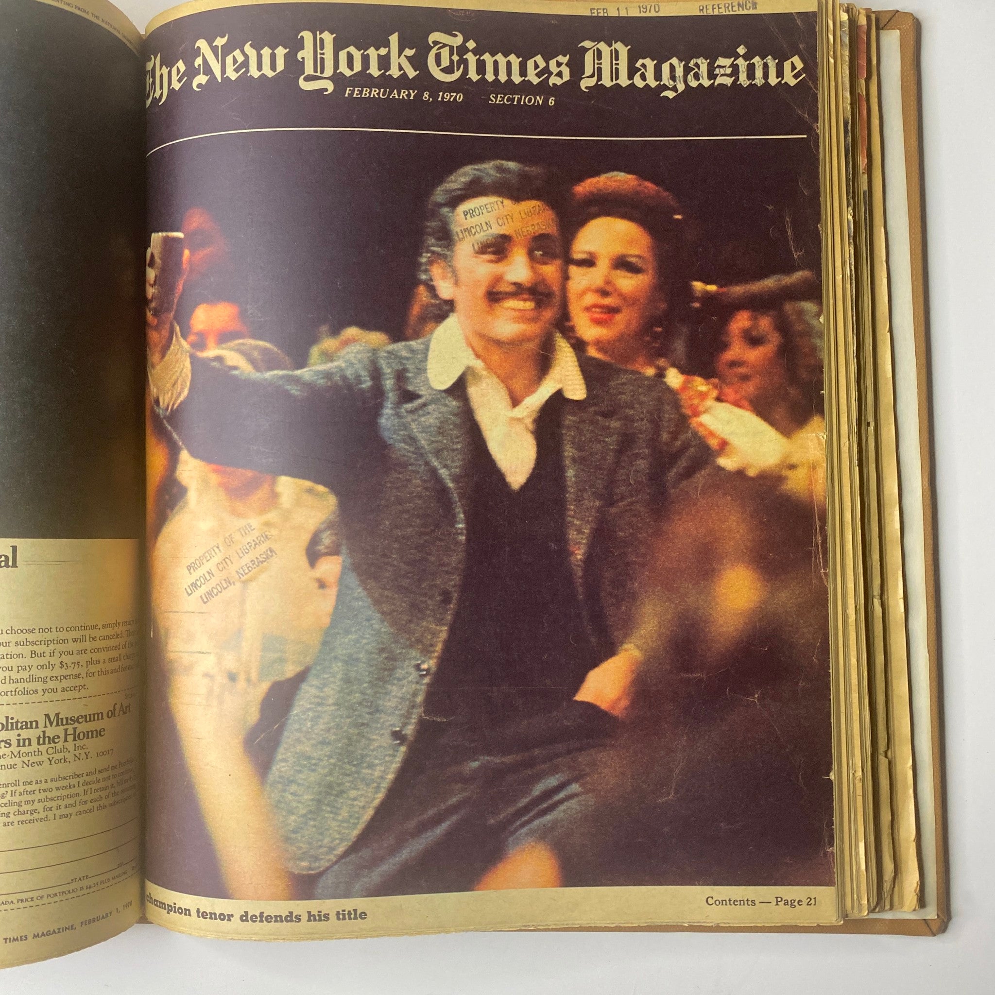 The New York Times Library Edition Bound Magazine 1970 January - February, featuring a cover from February 8, 1970, showcasing an event with jubilant individuals celebrating, with a focus on a man holding a drink.