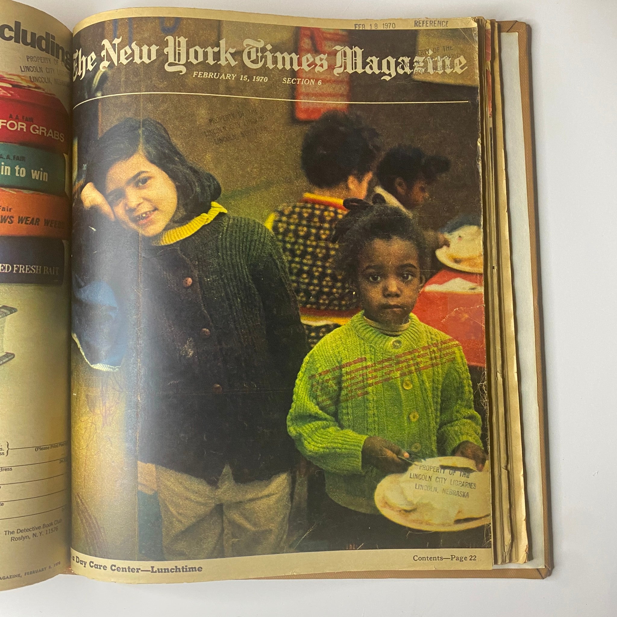 The New York Times Library Edition Bound Magazine 1970 January - February, highlighting a cover from February 15, 1970, depicting two children in a day care center at lunchtime, showcasing cultural diversity.