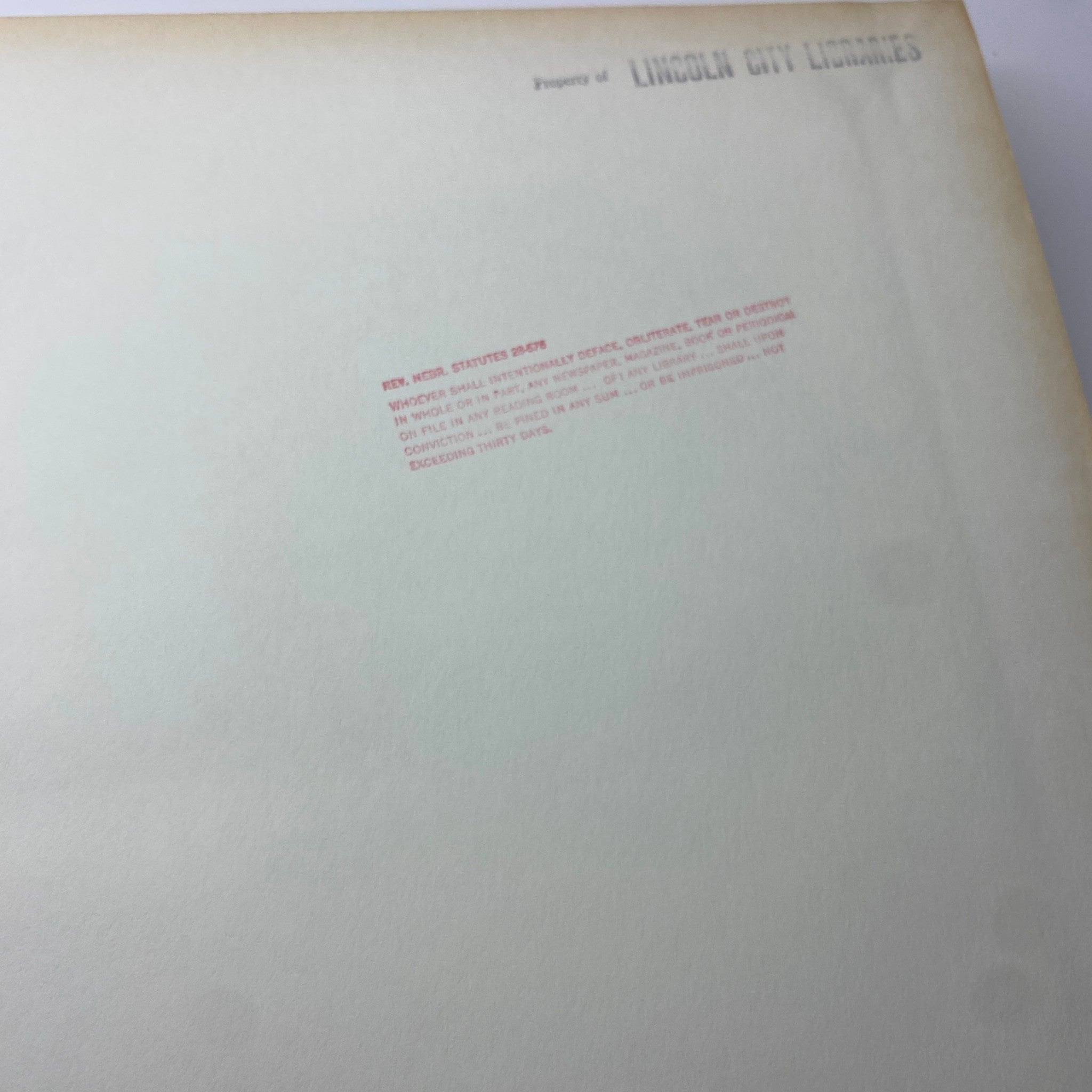 Inside back cover of The New York Times Library Bound Magazine July - August 1970 stamped 'Property of Lincoln City Libraries' with red text indicating ownership.