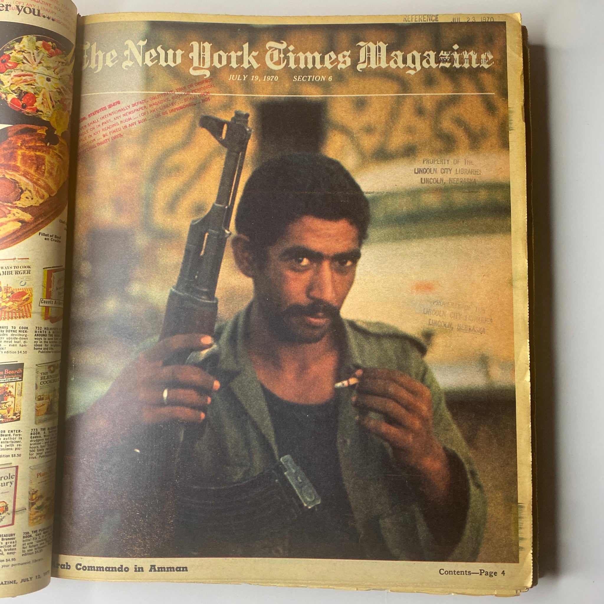 Cover of The New York Times Magazine, July 19, 1970, featuring a man holding an AK-47 and a cigarette, depicting a commando in Amman.