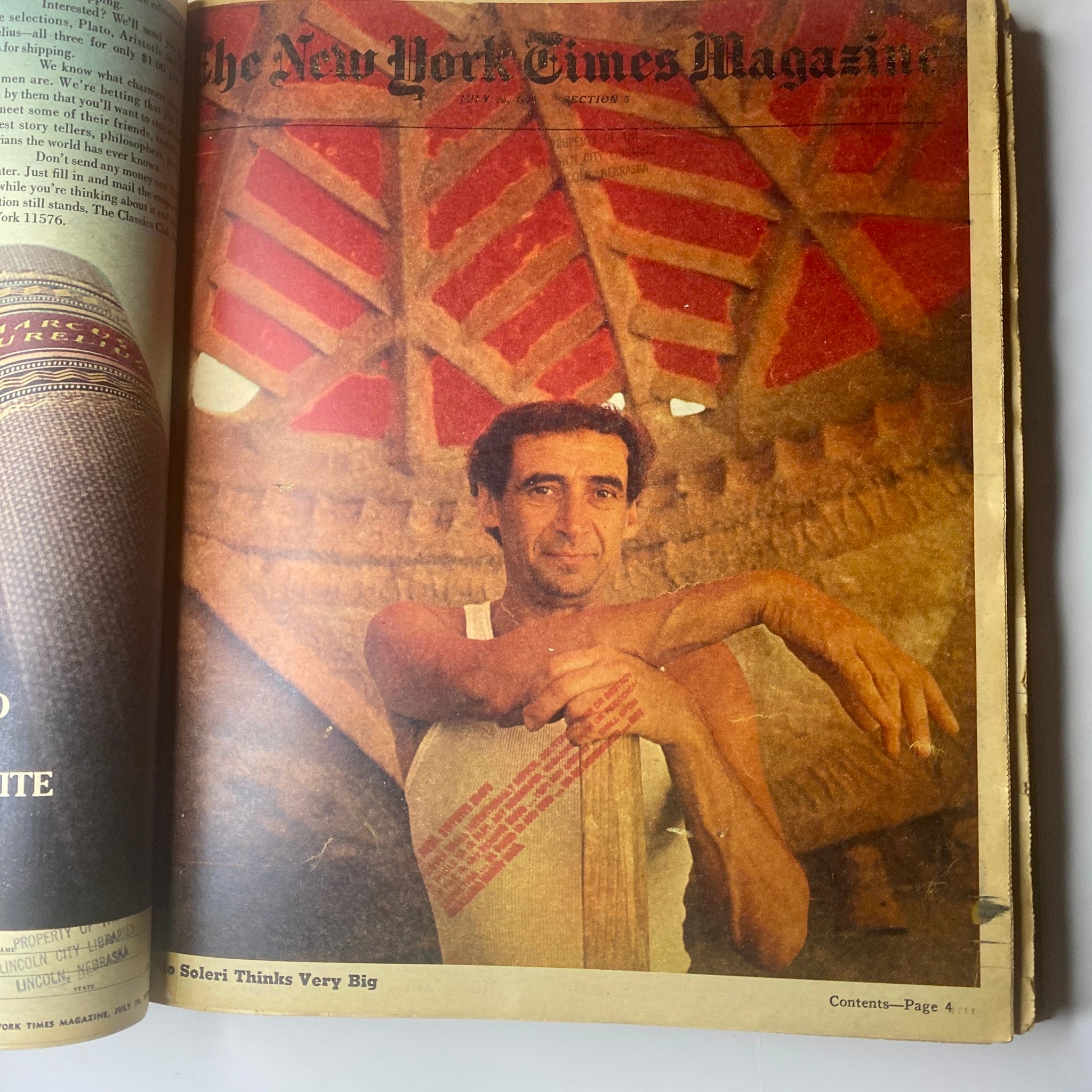 Cover of The New York Times Magazine, July 19, 1970, showcasing Paolo Soleri posing with his architectural creation, titled 'Soleri Thinks Very Big'.