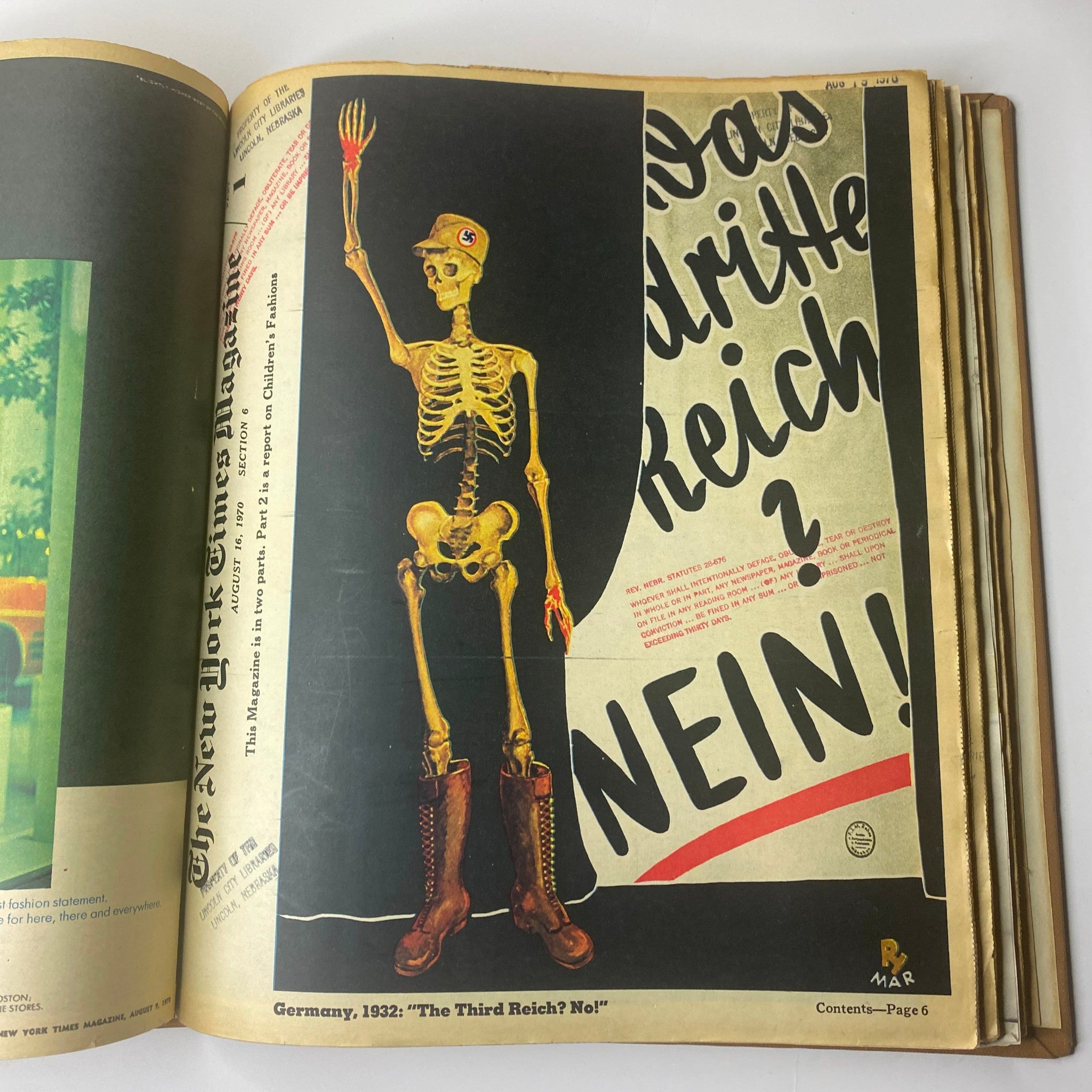 Cover of The New York Times Magazine, August 16, 1970, depicting a skeleton in boots, with the text 'Das dritte Reich? NEIN!' satirically commenting on history.