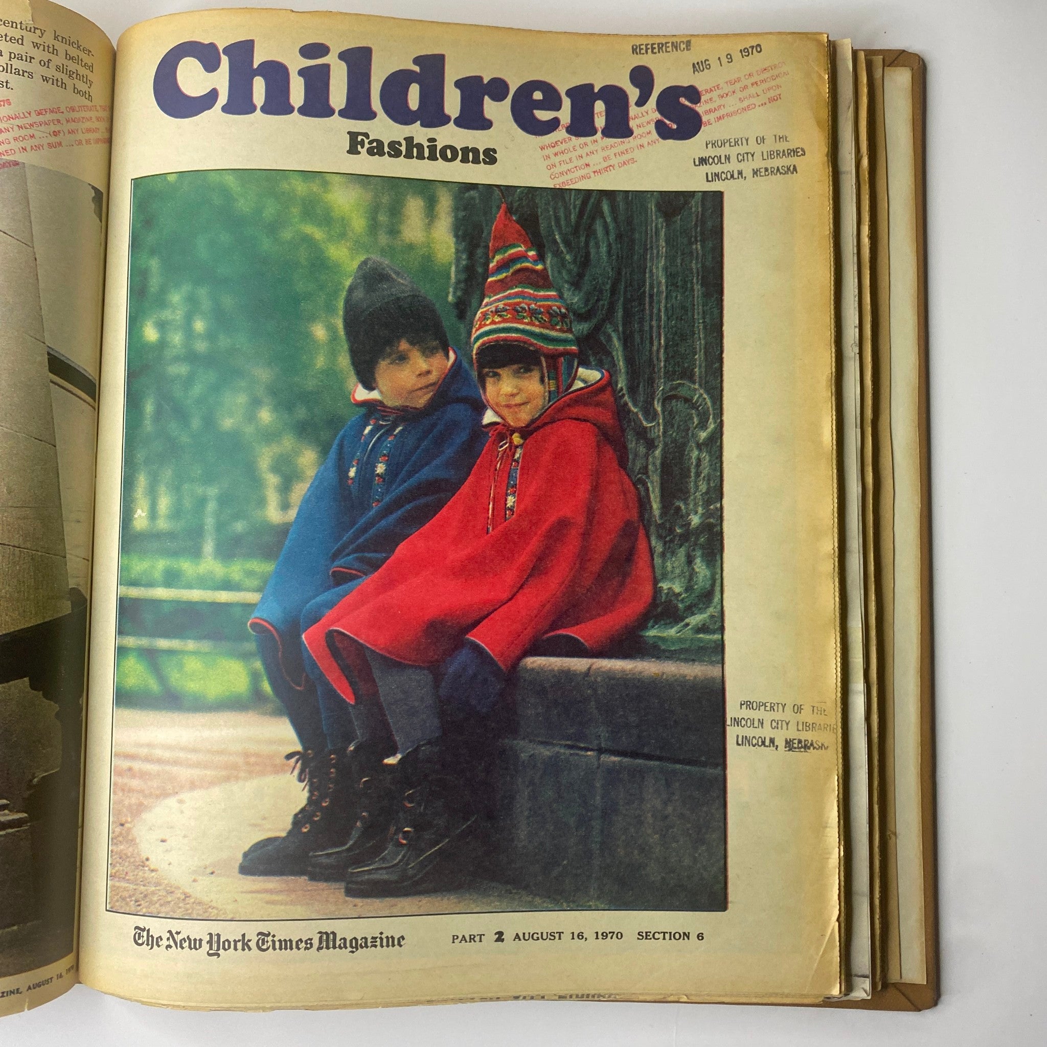 Cover of The New York Times Magazine, August 16, 1970, featuring two children dressed in colorful ponchos, highlighting children's fashion.