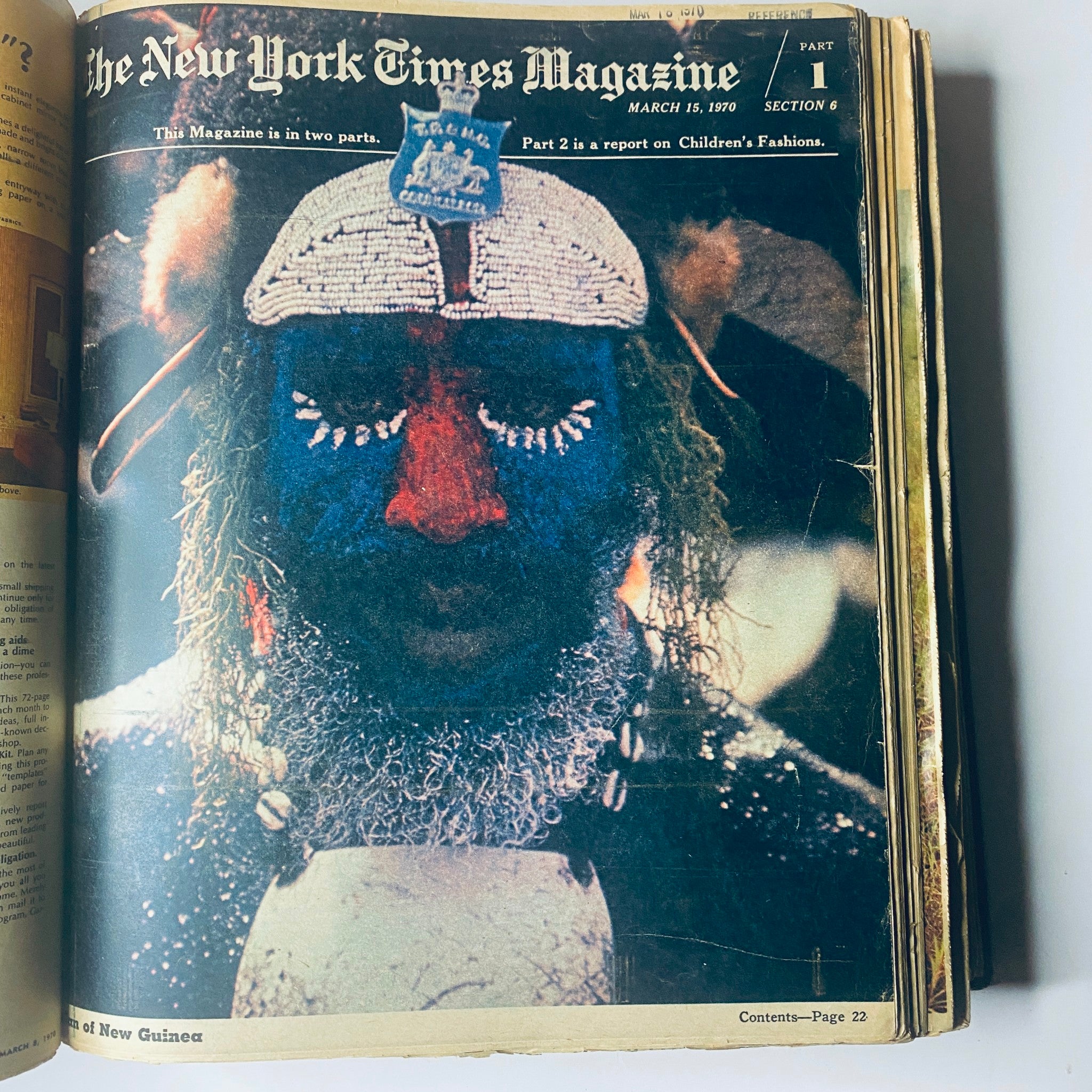 Cover of 'The New York Times Magazine March 15, 1970,' featuring a culturally significant portrait of an individual from New Guinea with traditional face paint, Part 1.