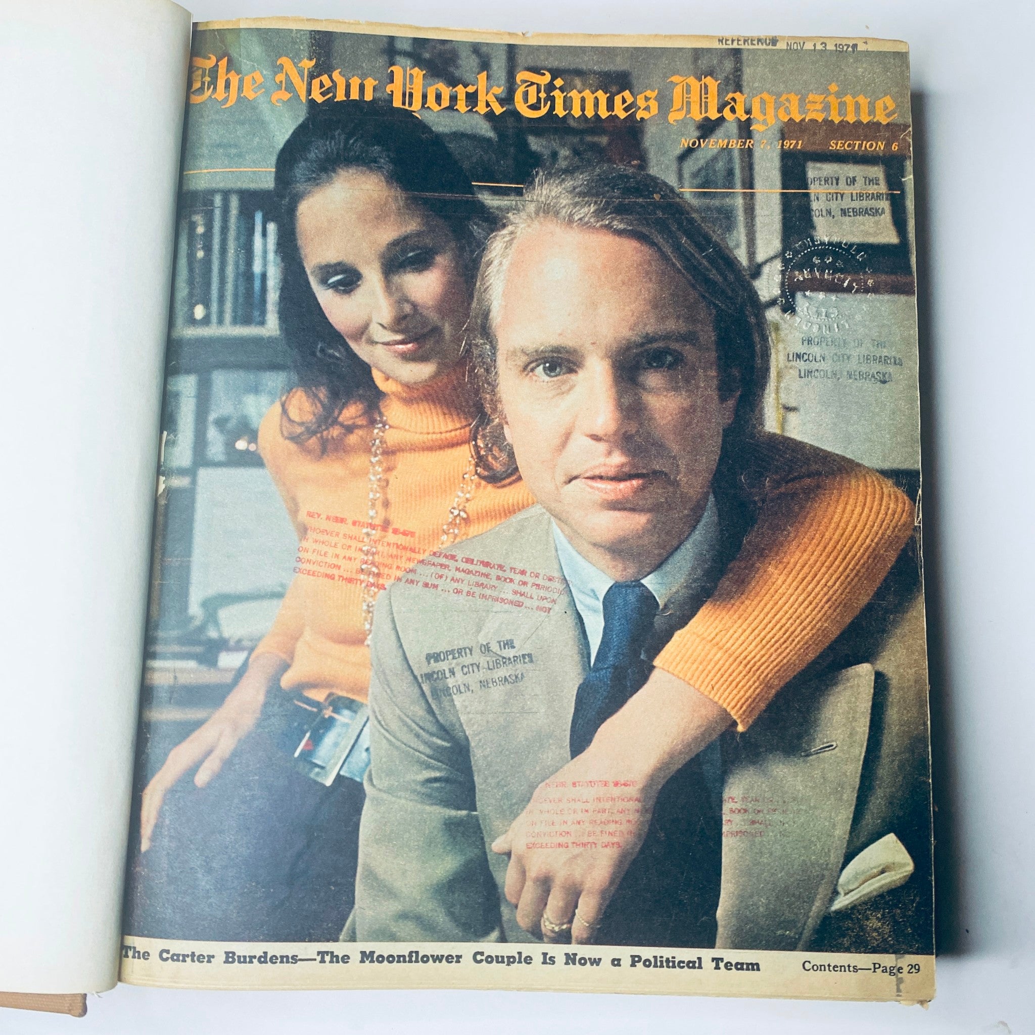 Cover of The New York Times Magazine November 7, 1971, showcasing a couple with text from the magazine and library stamp.