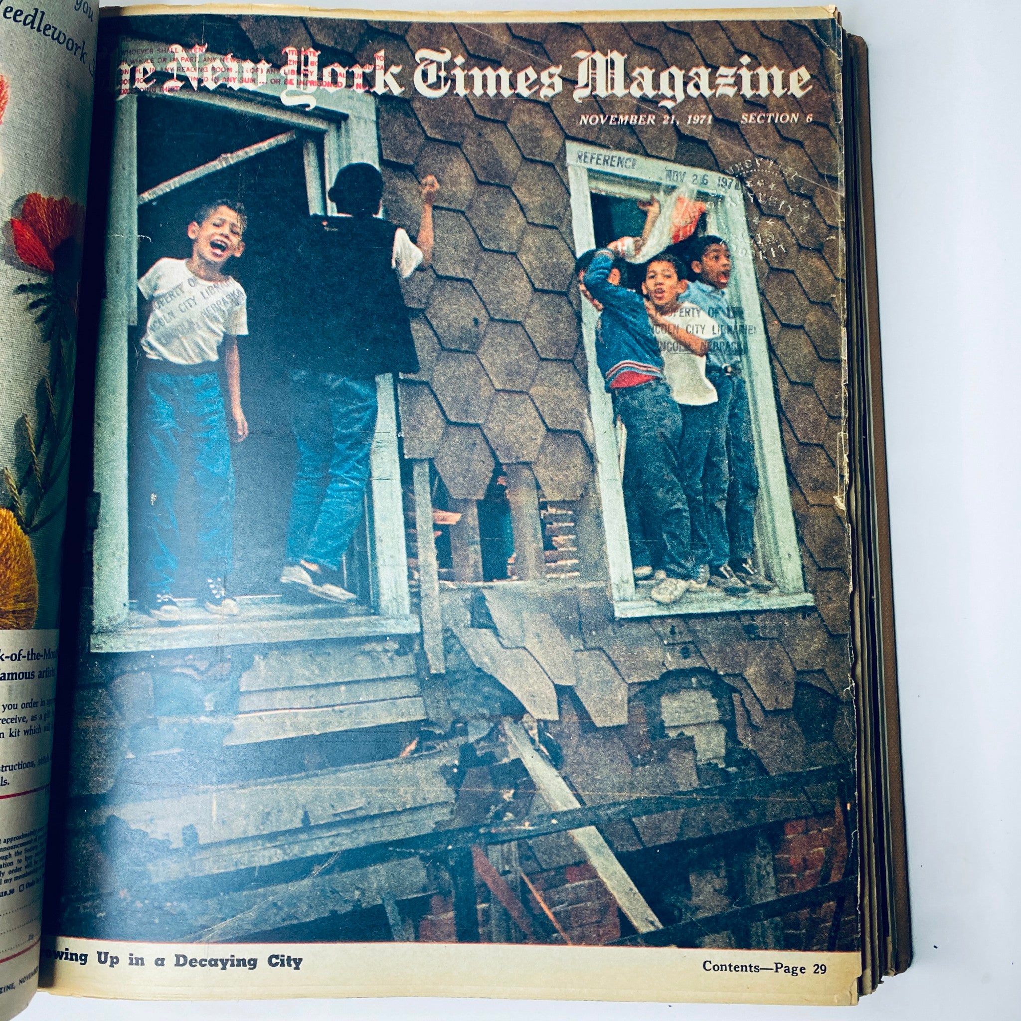 Page from The New York Times Magazine November 21, 1971, depicting children playing in an urban environment, encapsulating the essence of growing up.