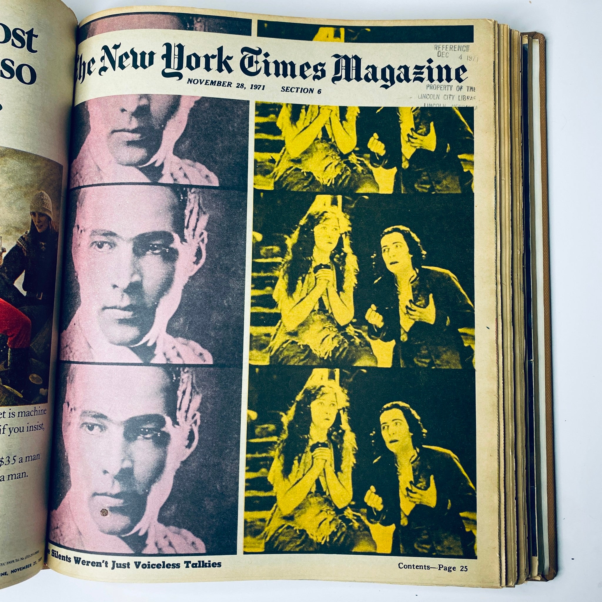An open page from the New York Times Magazine, November 28, 1971, showcasing a collage of still images from silent films with a title 'Silents Weren't Just Voiceless Talkies'. Features vintage photography reflecting early film history.