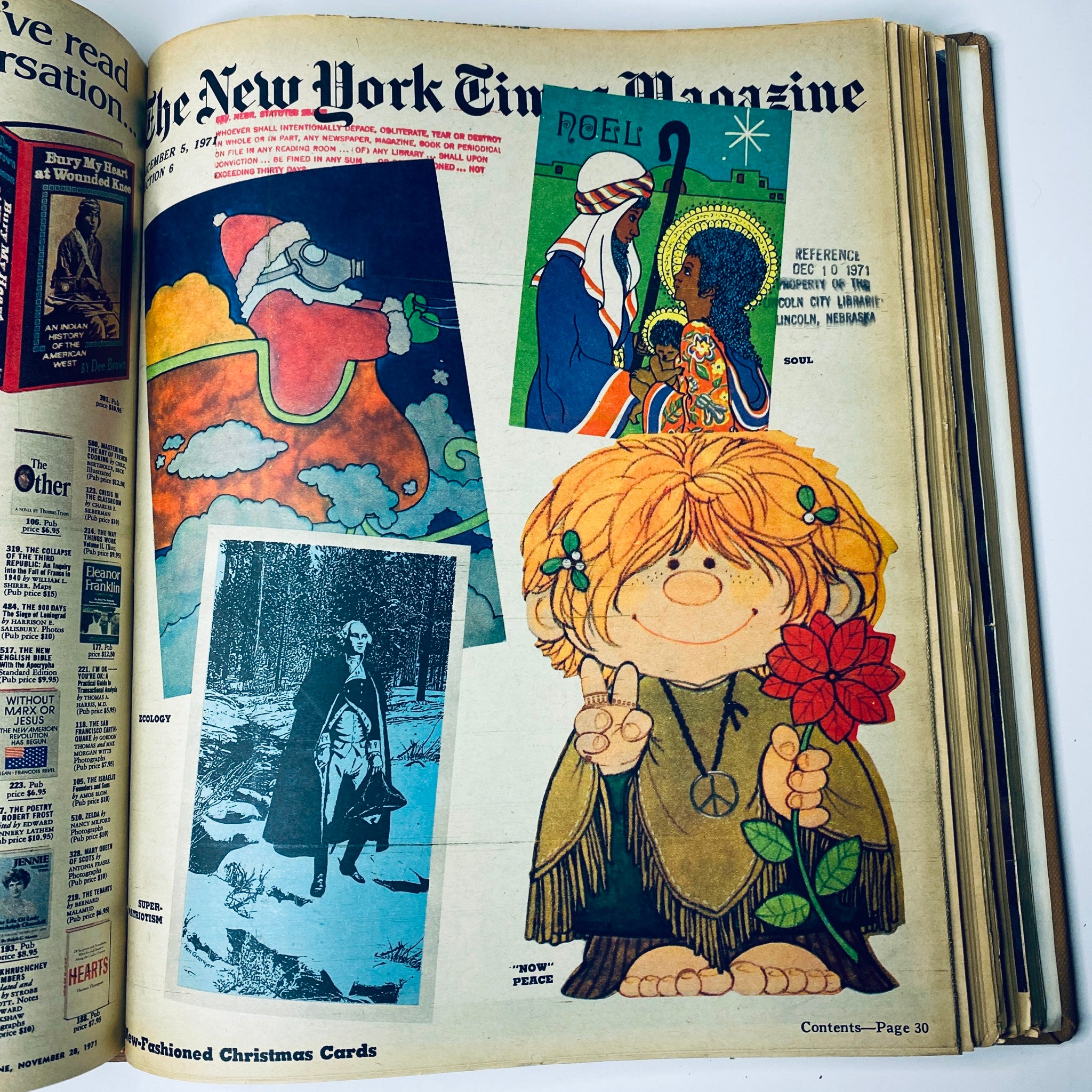 An open page from the New York Times Magazine, December 5, 1971, displaying colorful vintage illustrations for Christmas cards along with a historical black and white photo. The page highlights themes of nostalgia and holiday spirit.