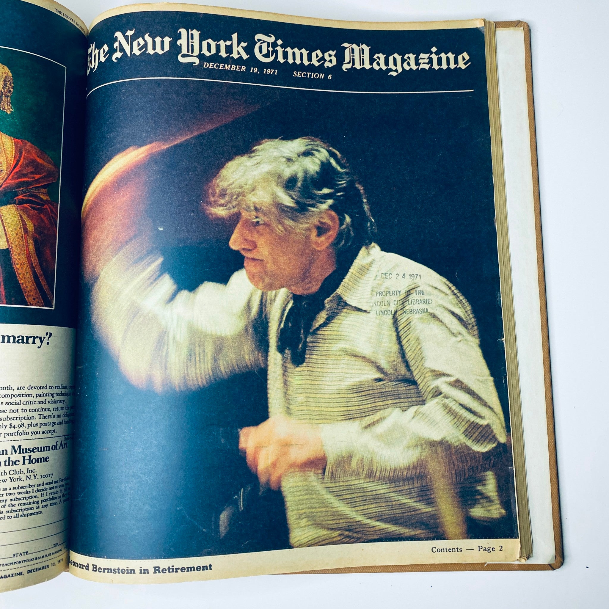 An open page from the New York Times Magazine, December 19, 1971, featuring a dynamic image of Leonard Bernstein conducting. This photo captures an influential music figure during a pivotal moment in his career.