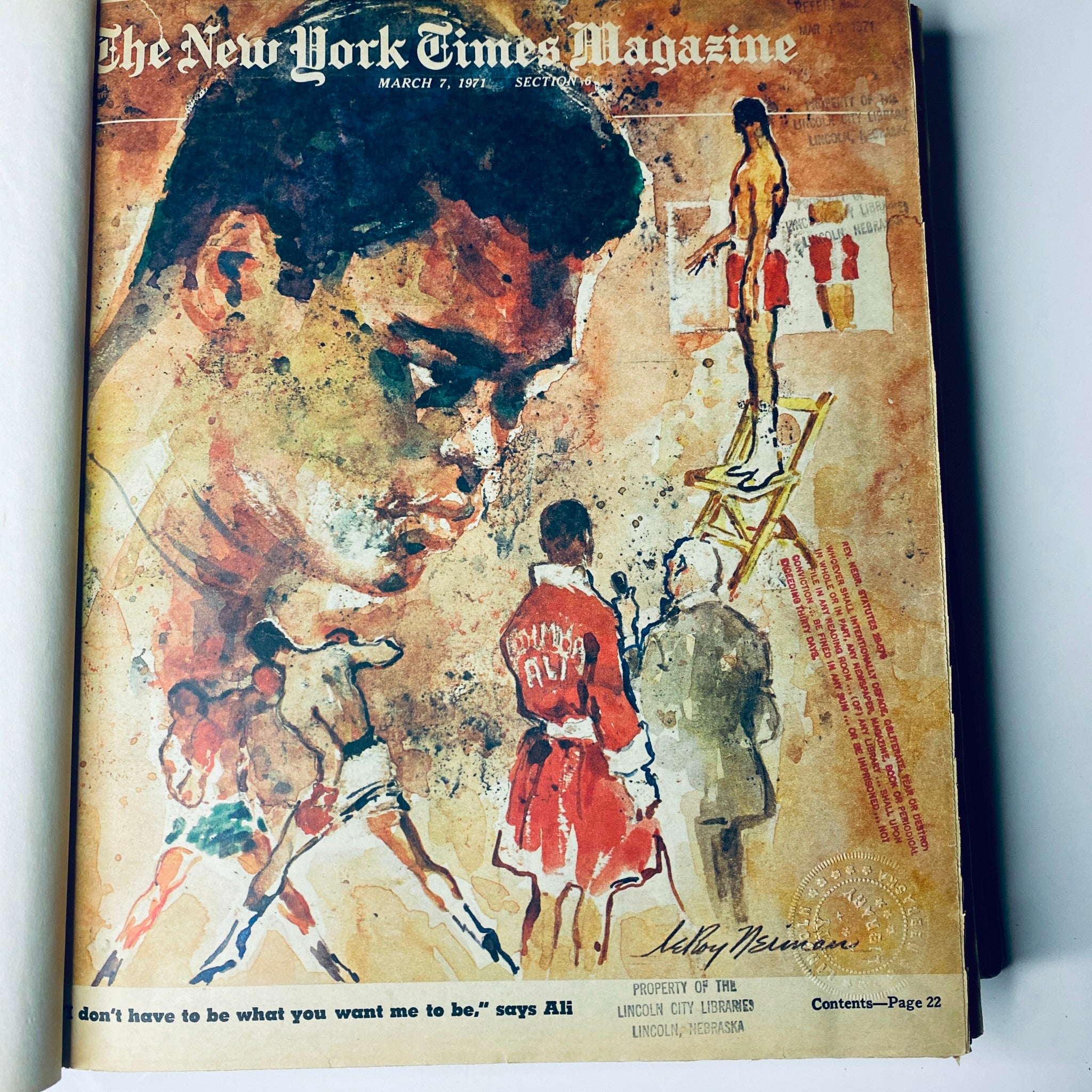 Inside cover of The New York Times Magazine dated March 7, 1971, featuring an illustrated cover with a boxing theme and Muhammad Ali.
