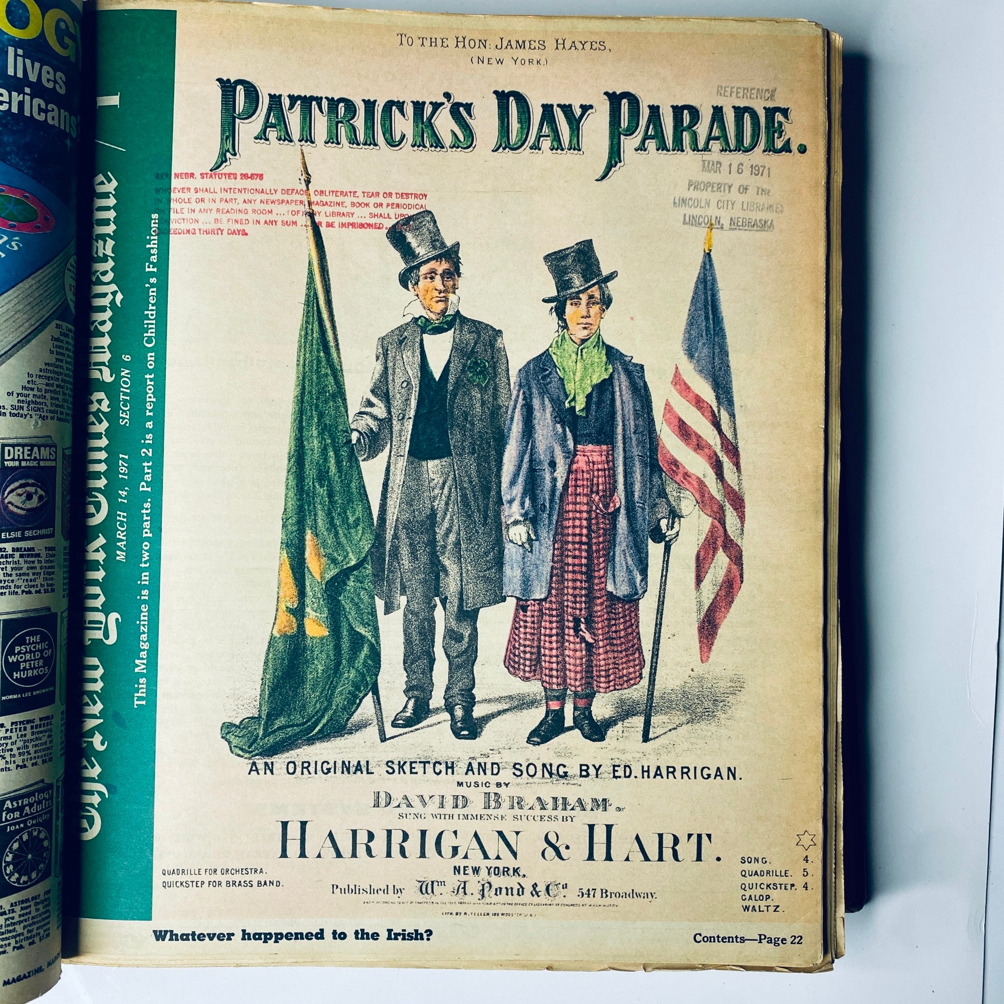 The New York Times Library Edition Bound Magazine 1971 March - April featuring a vintage advertisement for 'Patrick's Day Parade' with illustrated characters holding flags.
