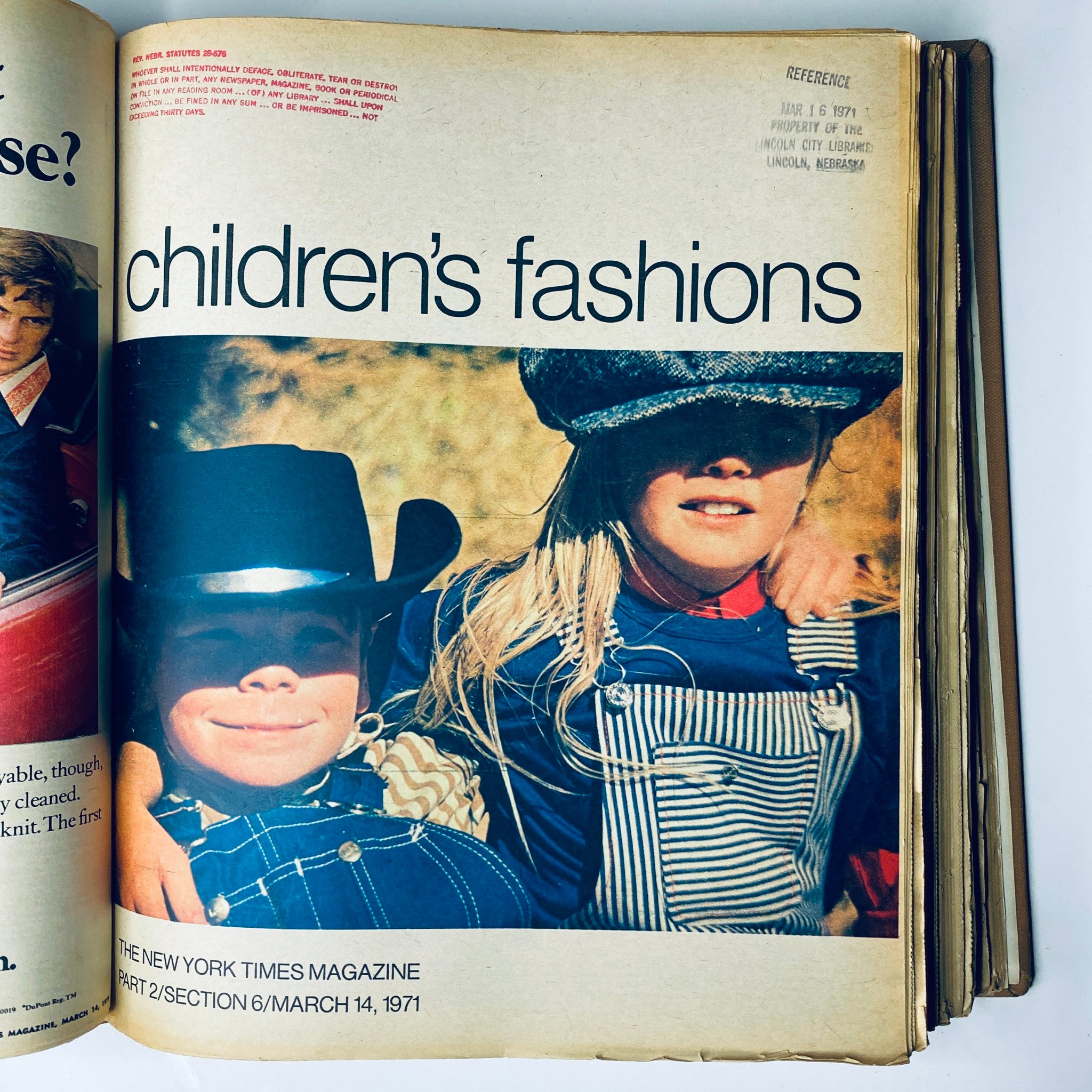 The New York Times Library Edition Bound Magazine 1971 March - April showcasing children's fashion trends of the era, with two children posing in stylish outfits.