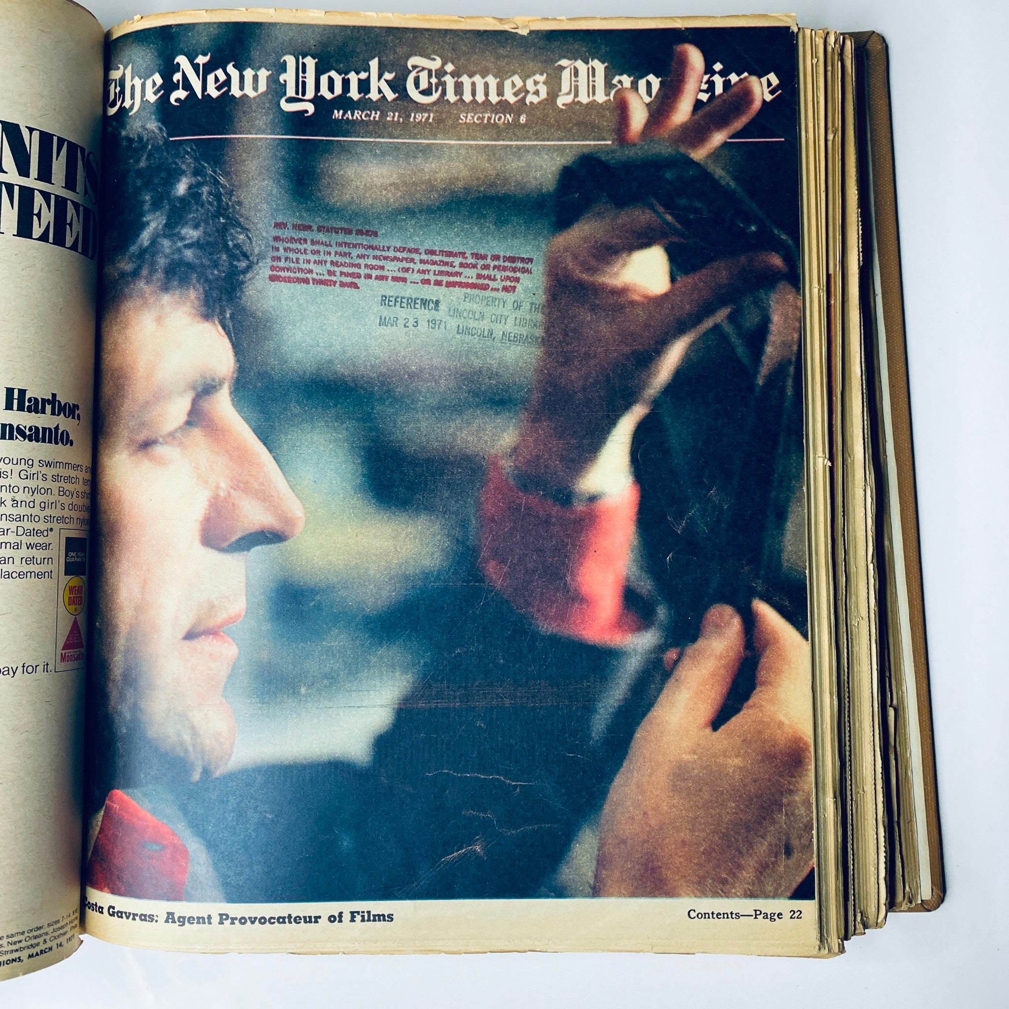 The New York Times Library Edition Bound Magazine 1971 March - April featuring a poignant image of a man examining film equipment, reflecting 1970s media culture.