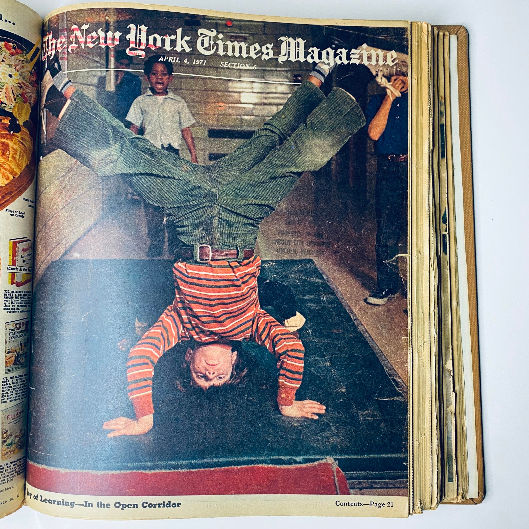 Cover of The New York Times Magazine, April 4, 1971, featuring a child performing a handstand with an audience in the background, showcasing historical American culture and journalism.