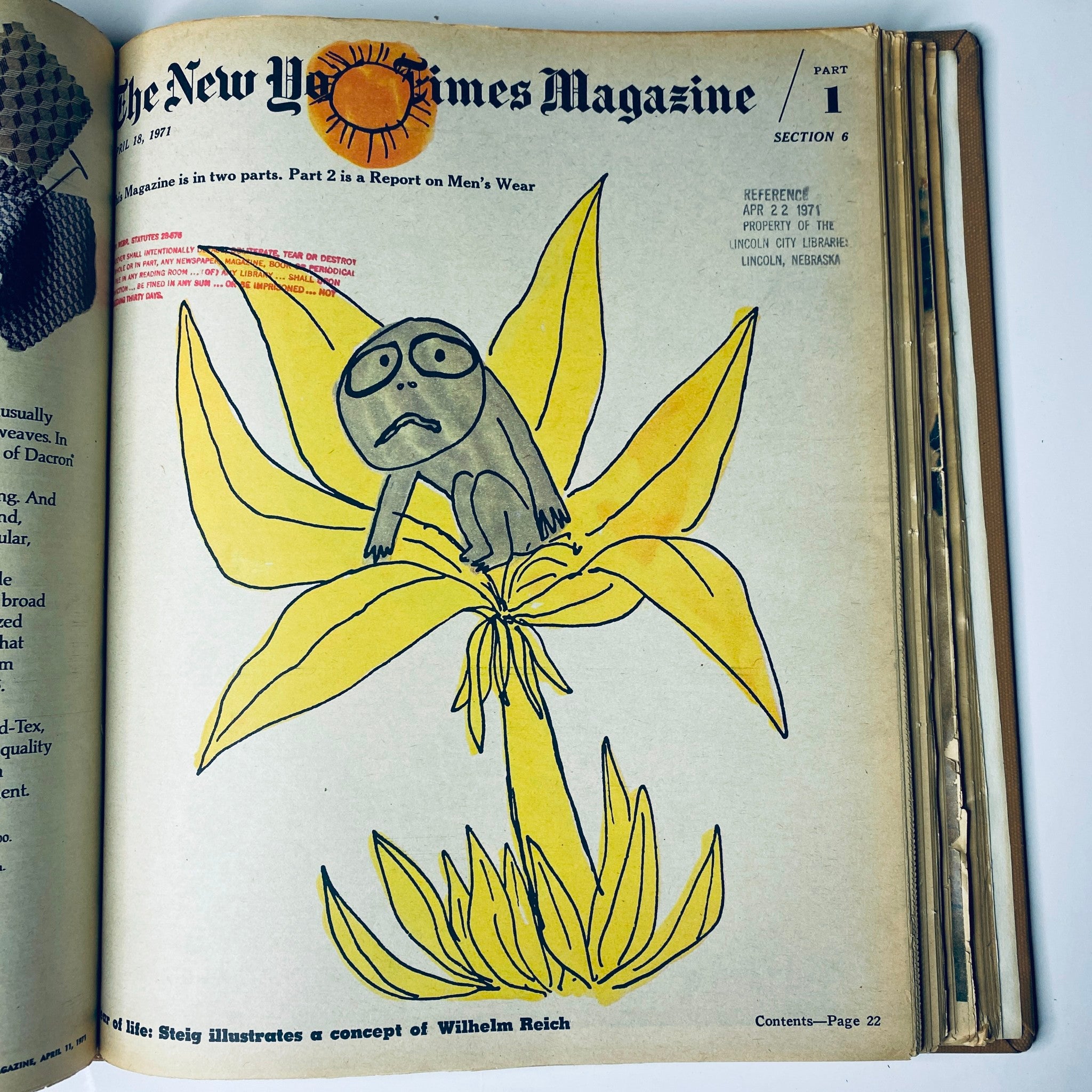Cover of The New York Times Magazine, April 18, 1971, displaying a colorful illustration of a frog-like creature sitting on a flower, representing artistic interpretations in media during the early 1970s.