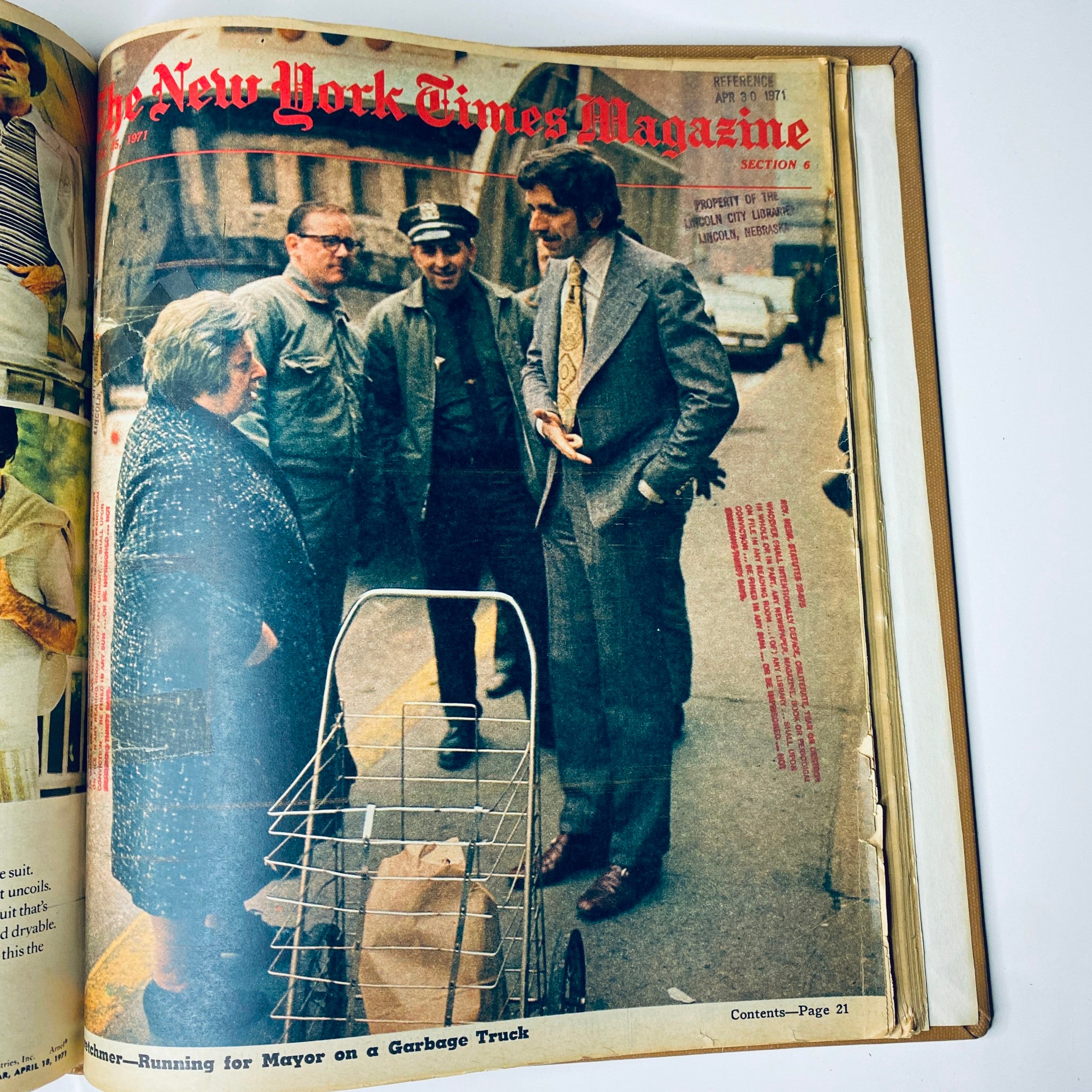 Cover of The New York Times Magazine, April 25, 1971, depicting a group conversation on the streets with individuals dressed in styles reflecting early 1970s fashion, emphasizing social issues and community dialogue.