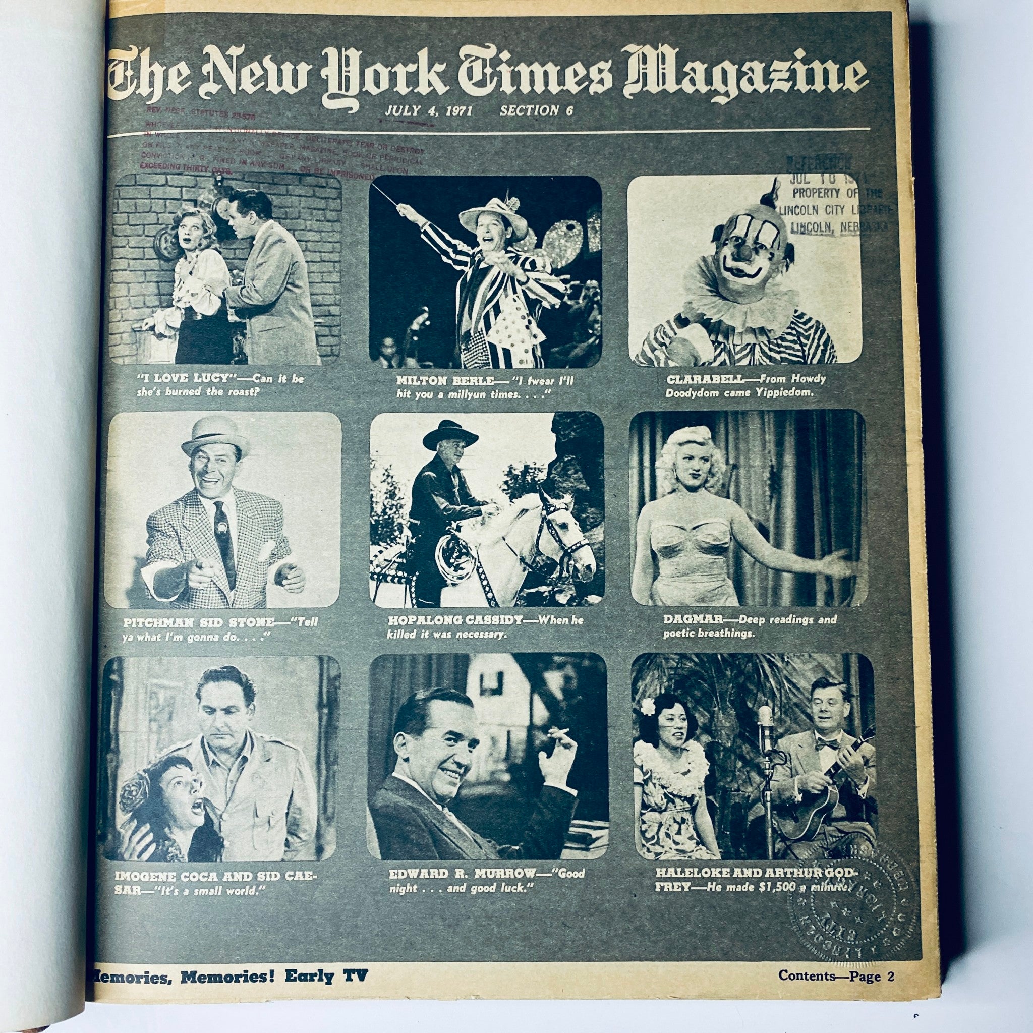 Inside page of The New York Times Magazine, July 4, 1971 edition, showcasing early TV personalities and program highlights.