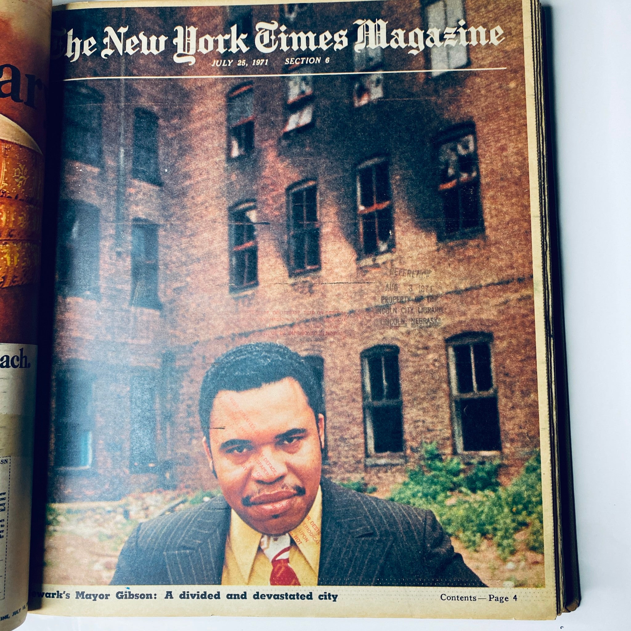 Cover page of The New York Times Magazine, July 25, 1971, depicting Newark's Mayor Gibson against a backdrop of abandoned buildings.