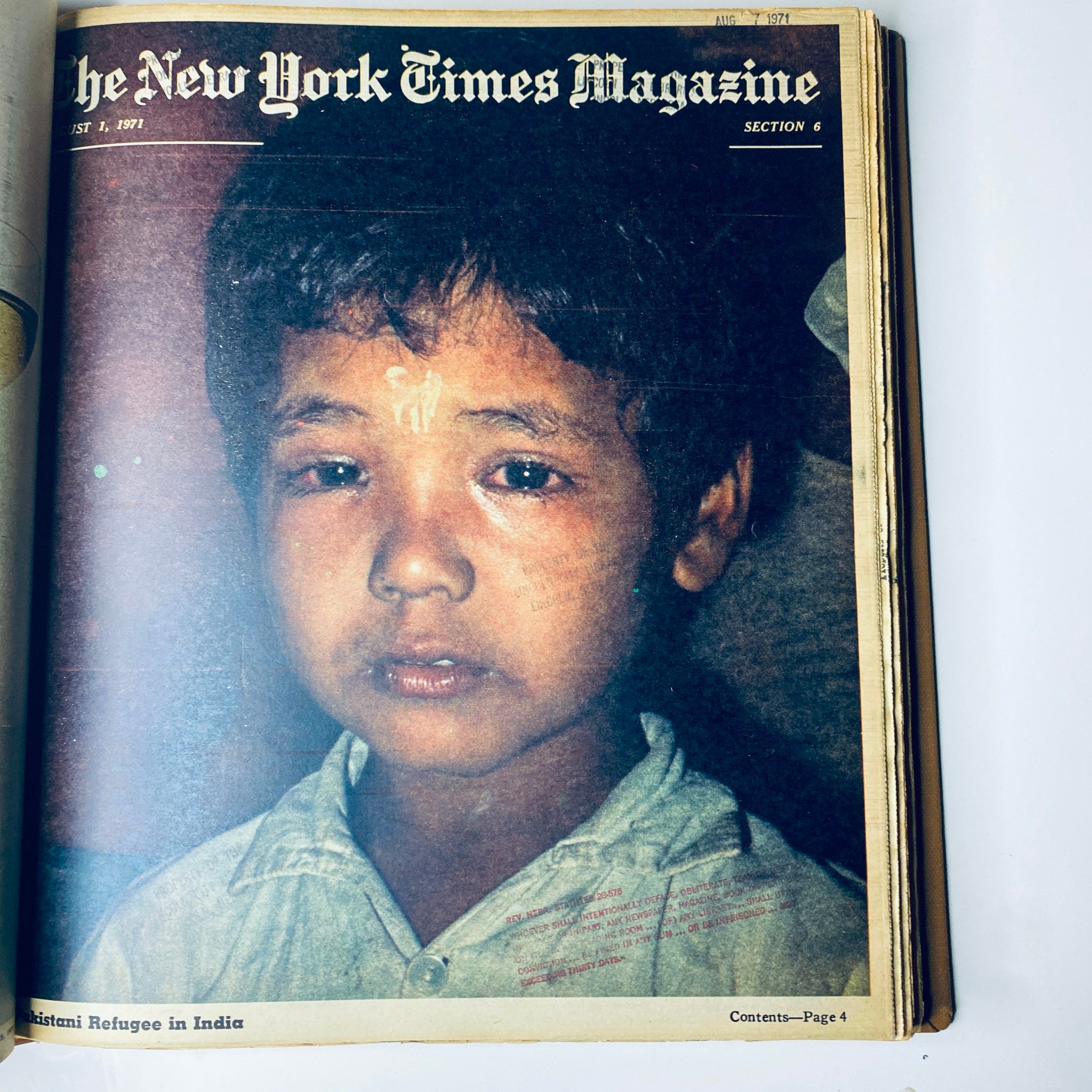 Cover page of The New York Times Magazine, August 1, 1971, featuring a poignant image of a young refugee from East Pakistan.