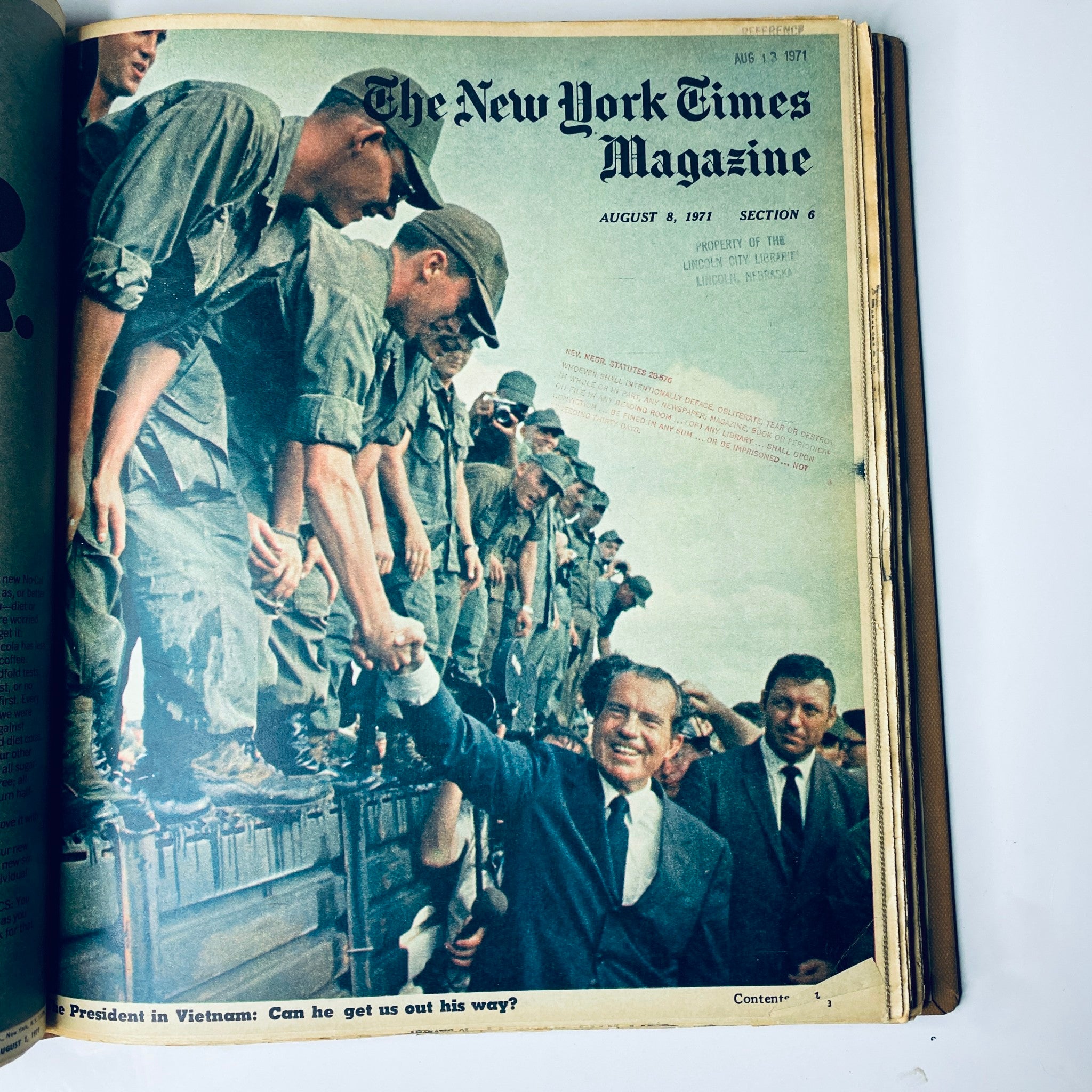 The New York Times Library Edition Bound Magazine 1971 July - August featuring a historic cover image from August 8, 1971, depicting President Nixon shaking hands with troops, part of a report on Vietnam.
