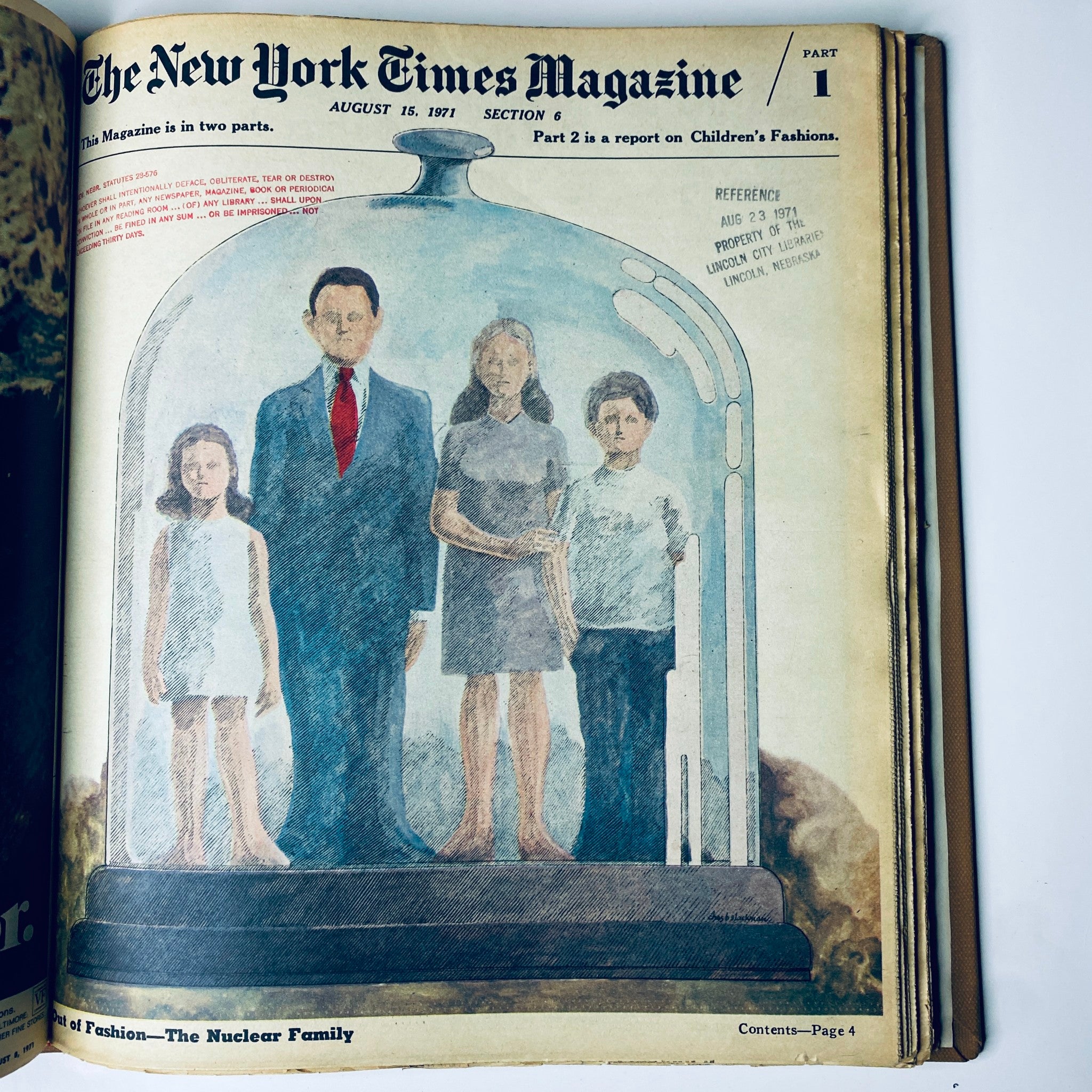 The New York Times Library Edition Bound Magazine 1971 July - August showcasing a cover illustration from August 15, 1971, for Part 1, featuring a surreal depiction of a nuclear family under a glass dome.