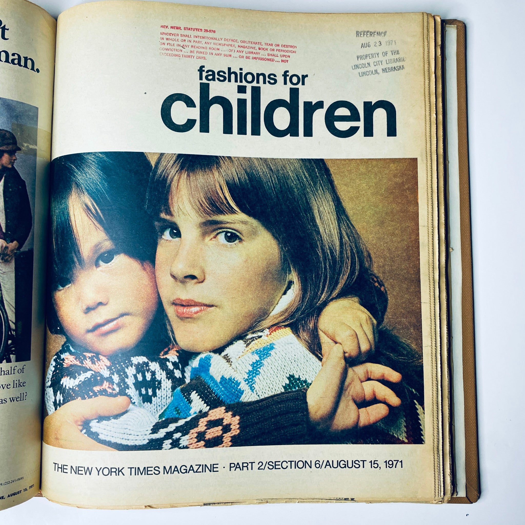The New York Times Library Edition Bound Magazine 1971 July - August displaying a cover photo from August 15, 1971, for Part 2, titled 'fashions for children,' highlighting two children dressed in colorful sweaters.