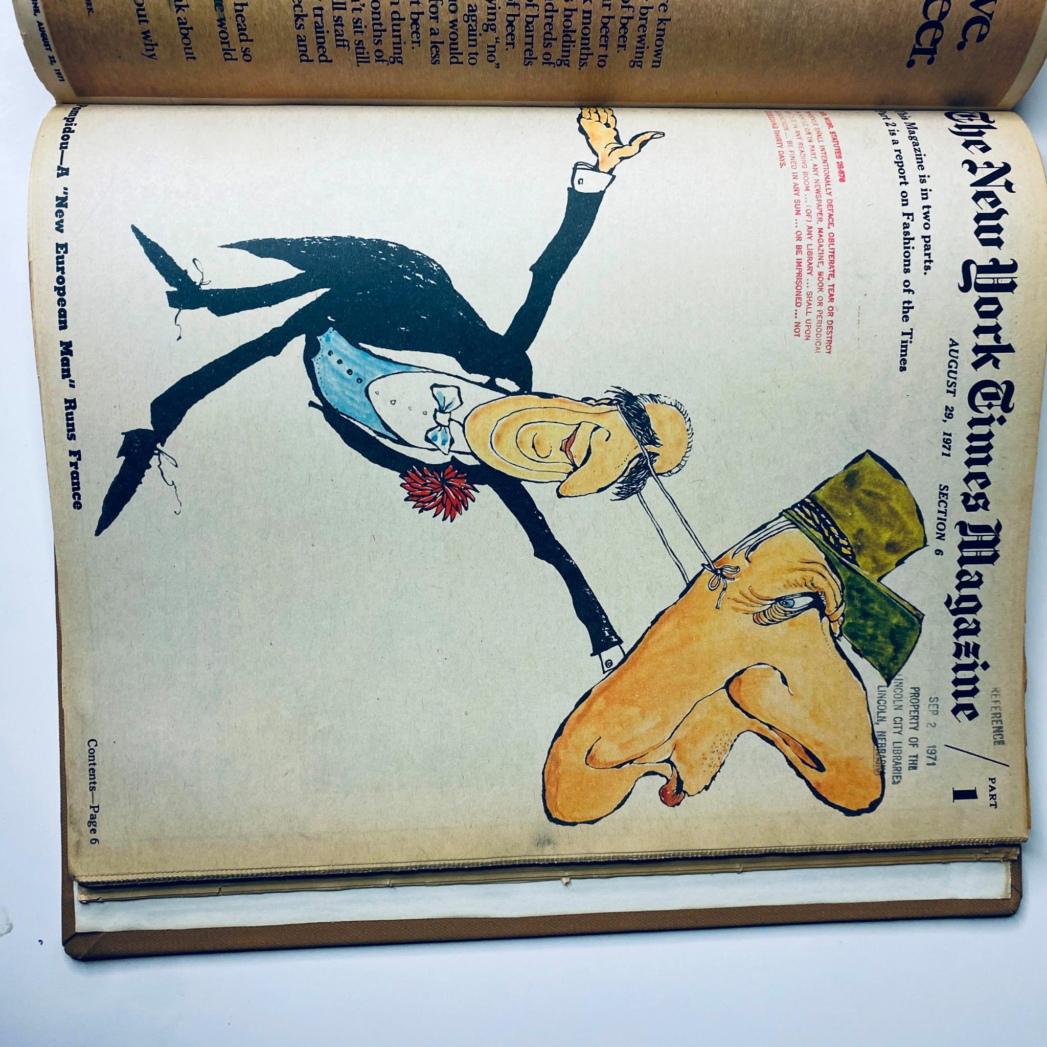The New York Times Library Edition Bound Magazine 1971 July - August featuring a humorous illustration on the inside cover from August 22, 1971, satirizing political figures with exaggerated caricatures.