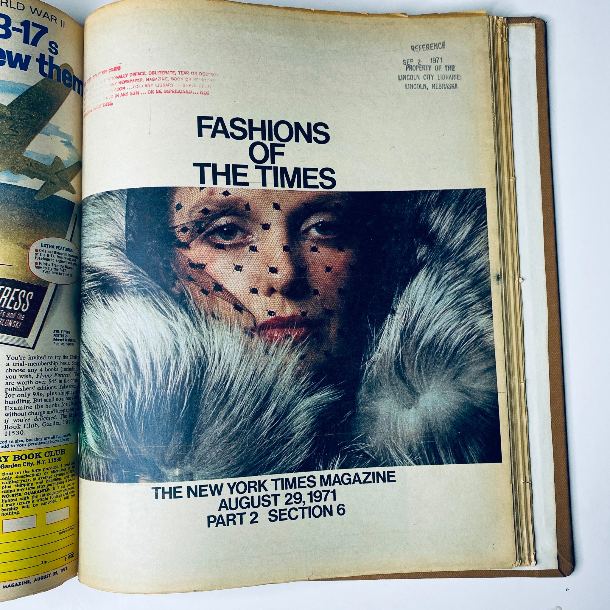 The New York Times Library Edition Bound Magazine 1971 July - August showcasing an elegant cover from August 29, 1971, for Part 2, titled 'Fashions of the Times,' featuring a model in luxurious fur attire.