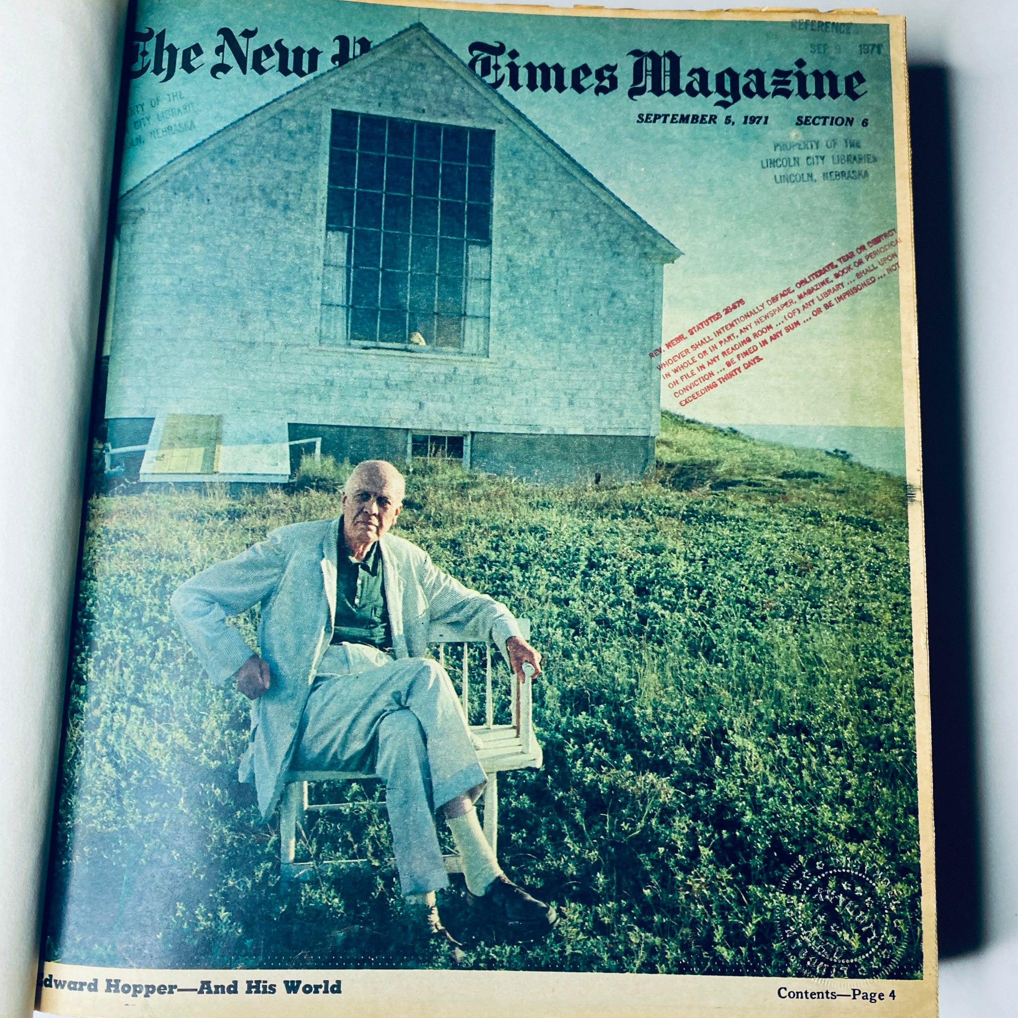 Cover of The New York Times Library Edition Bound Magazine from September 5, 1971, featuring Edward Hopper, showcasing American culture and journalism from the early 1970s.