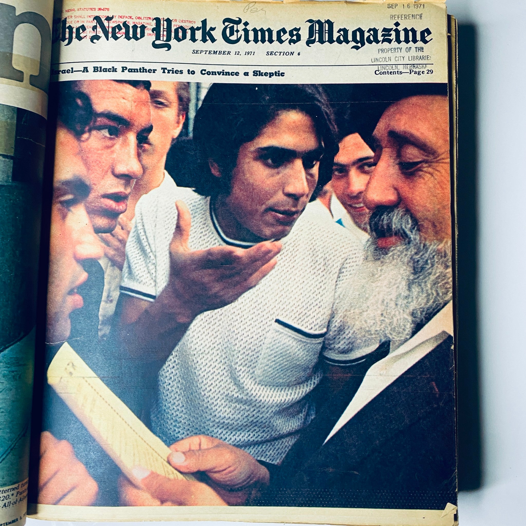 Cover of The New York Times Library Edition Bound Magazine from September 12, 1971, highlighting a Black Panther discussion, reflecting the social issues of the era.