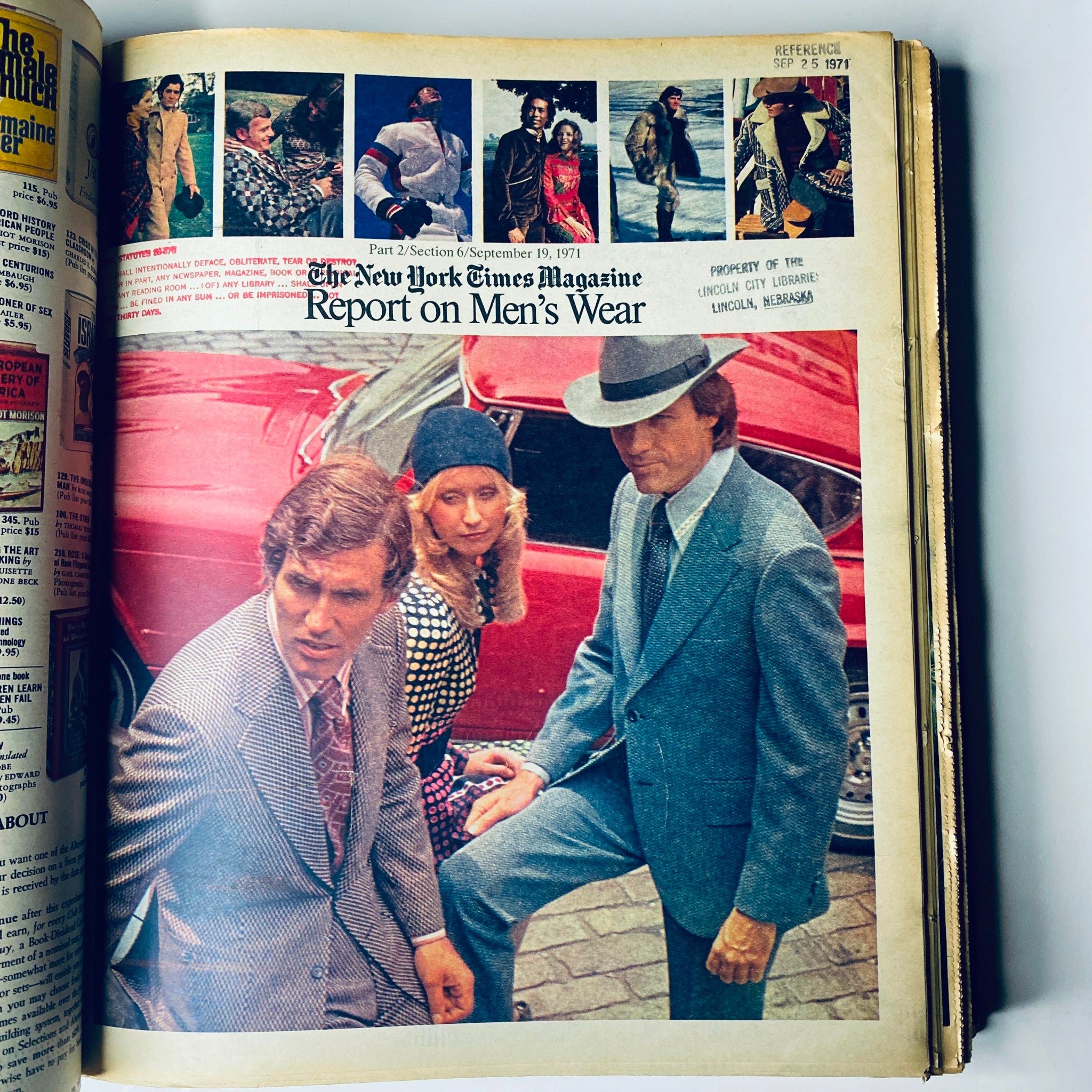 Cover of Section 2 of The New York Times Library Edition Bound Magazine from September 19, 1971, depicting a stylish report on men's wear with fashion insights from the early 1970s.