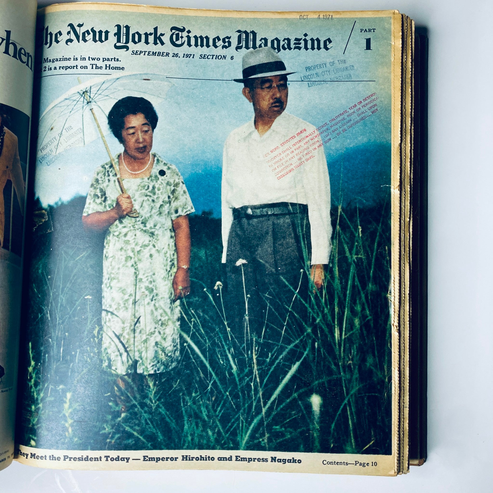 The New York Times Library Edition Bound Magazine 1971 September - October featuring Emperor Hirohito and Empress Nagako on the cover. They are depicted standing in a field, emphasizing historical significance.