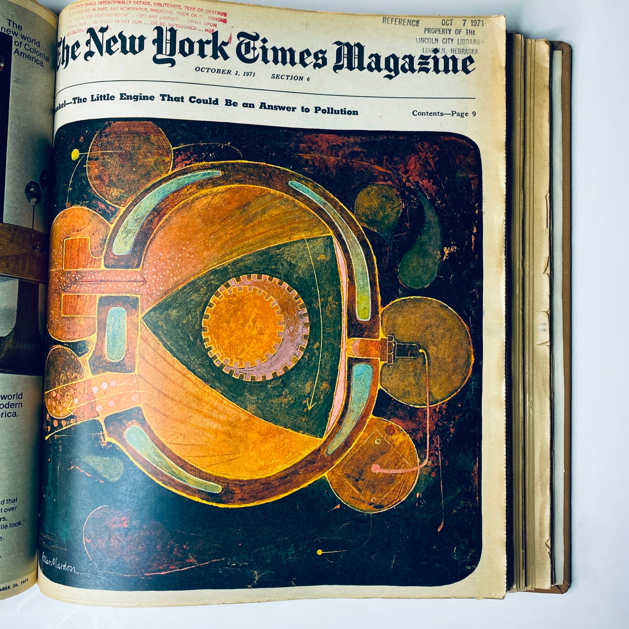 The New York Times Library Edition Bound Magazine 1971 September - October includes a visually striking cover illustrated with a colorful design symbolizing solutions to pollution.