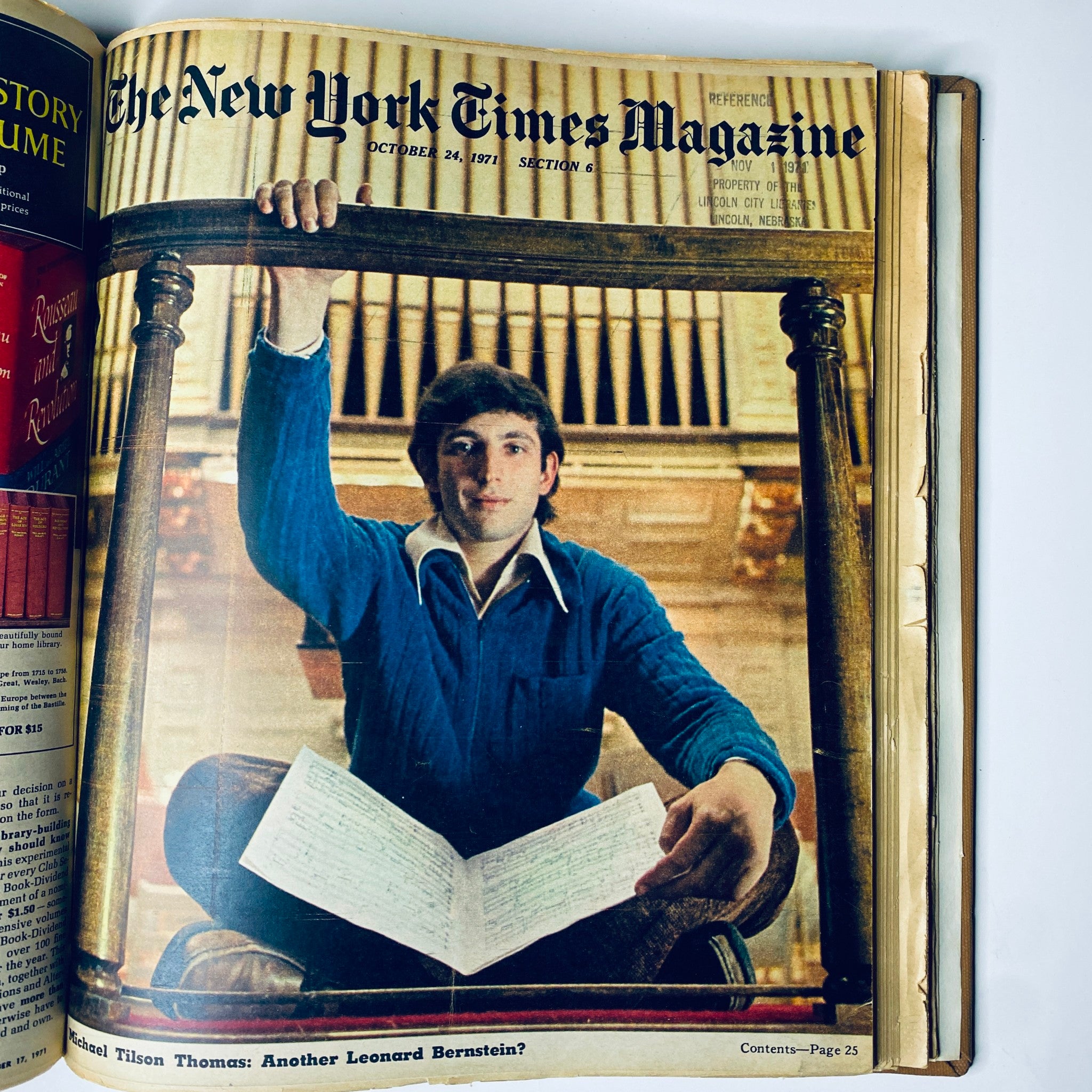 The New York Times Library Edition Bound Magazine 1971 September - October featuring a cover image of a young man seated with a musical score, dated October 24, 1971.